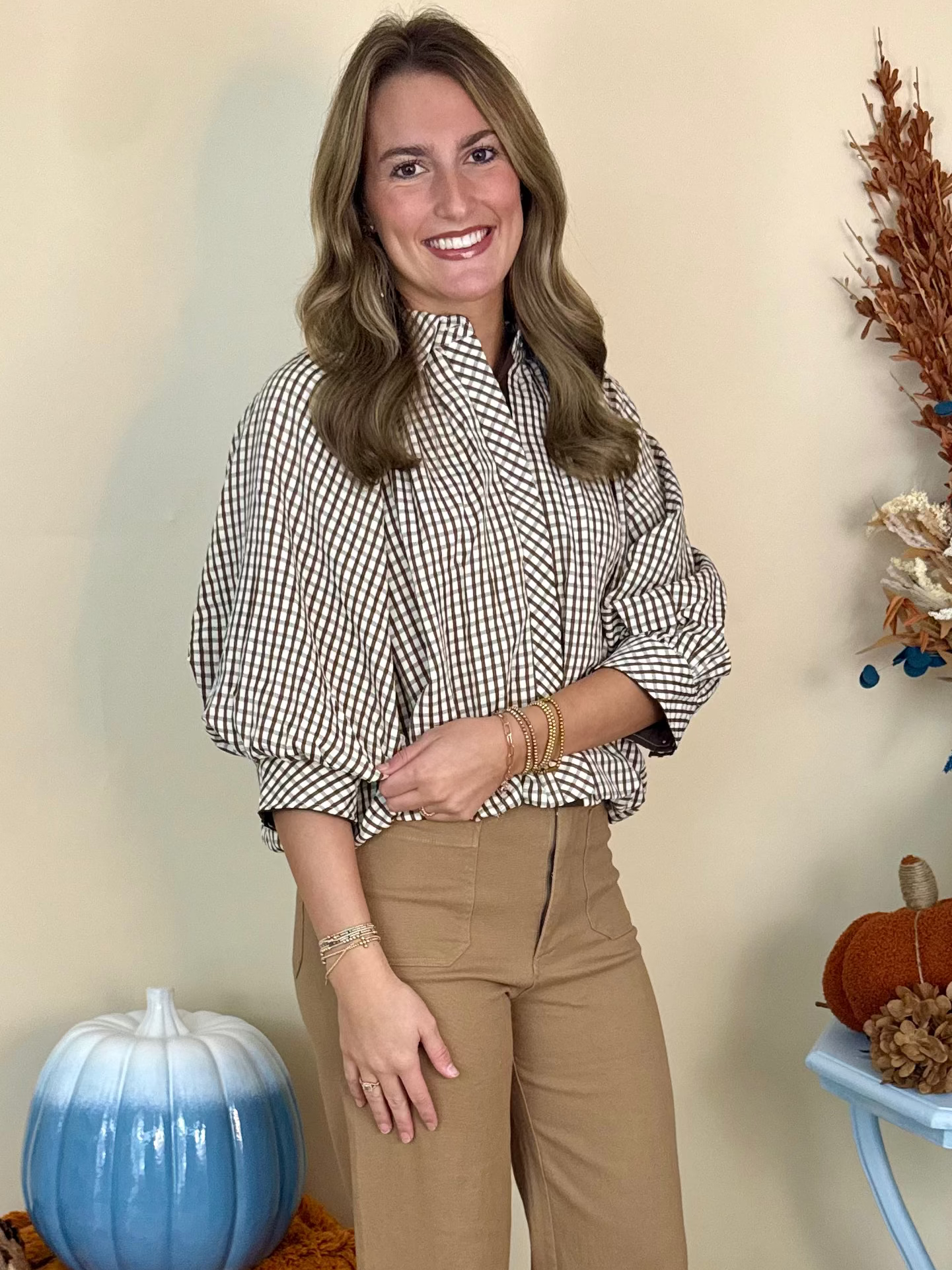 Autumn Escape Brown Gingham Bubble Hem Button Top-Shop-Womens-Boutique-Clothing