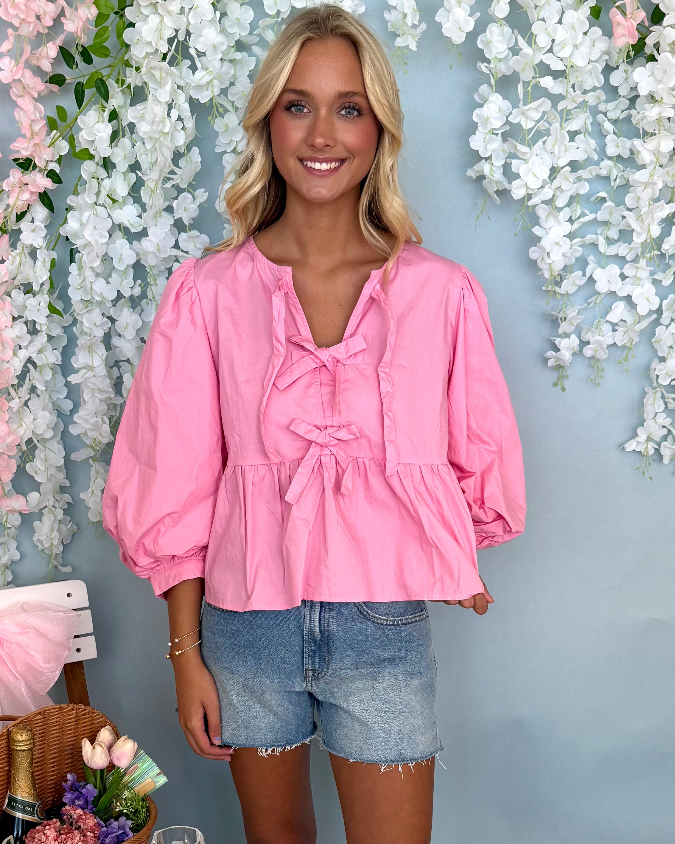 Blow Bubbles Pink 3 Bow Peplum Top-Shop-Womens-Boutique-Clothing