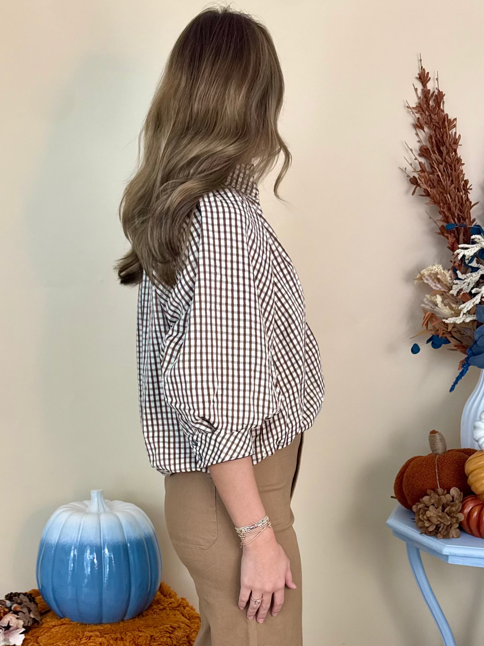 Autumn Escape Brown Gingham Bubble Hem Button Top-Shop-Womens-Boutique-Clothing