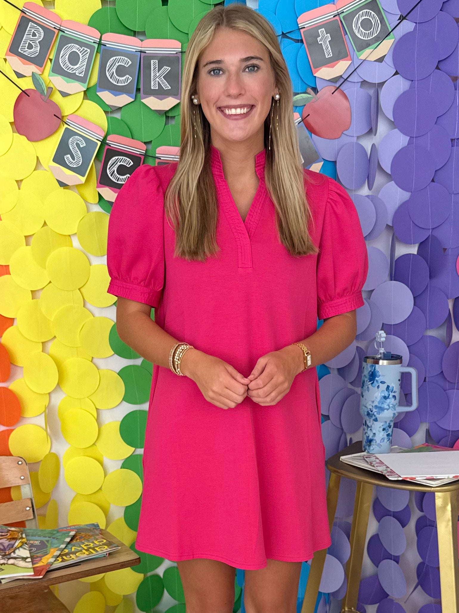 Soft Touch Fuchsia V-Neck Shift Dress-Shop-Womens-Boutique-Clothing