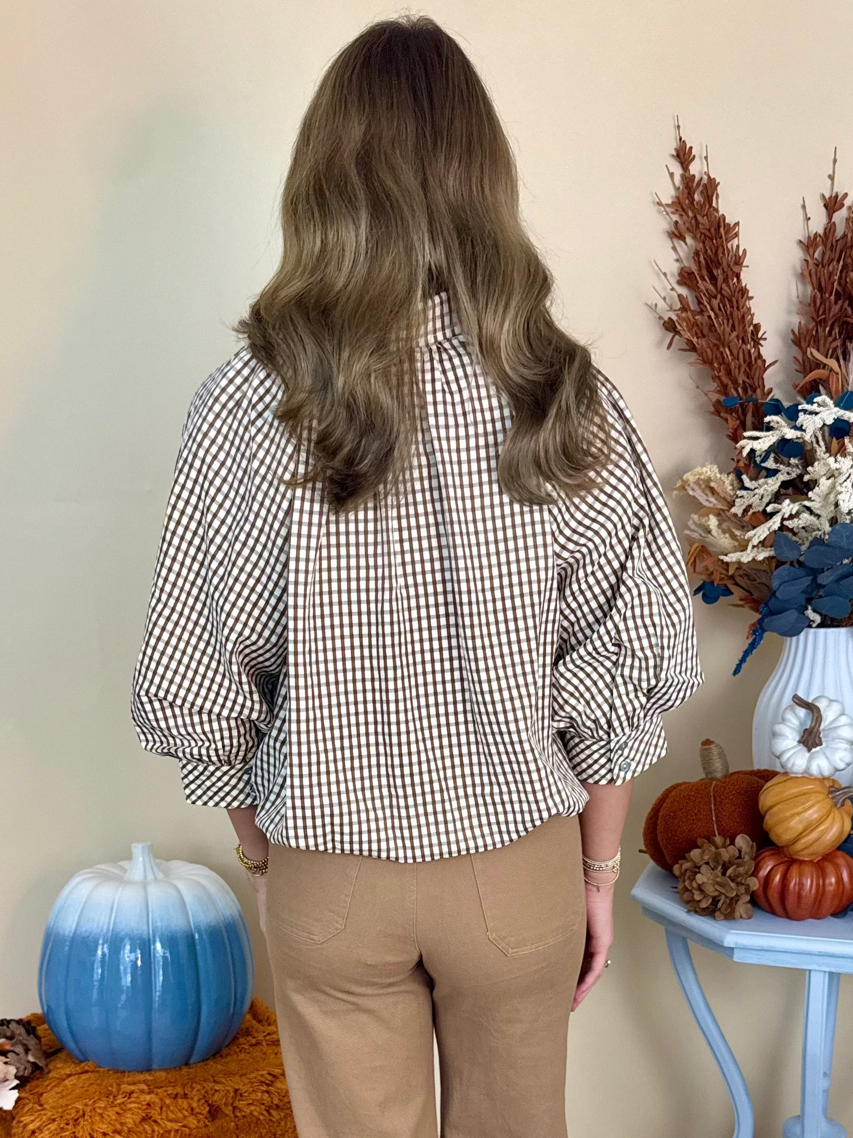 Autumn Escape Brown Gingham Bubble Hem Button Top-Shop-Womens-Boutique-Clothing