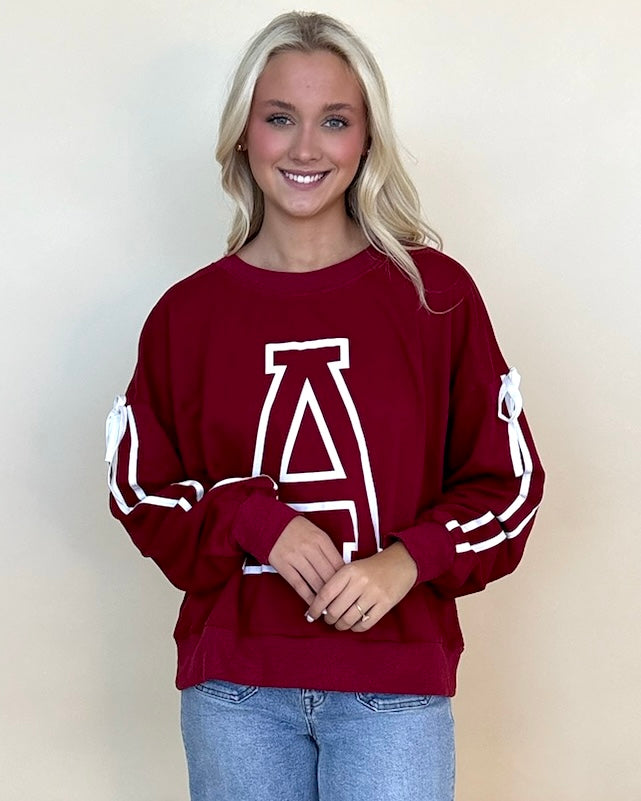 Tailgating Dk Red Varsity ¨A¨ Ribbon Sweatshirt-Shop-Womens-Boutique-Clothing