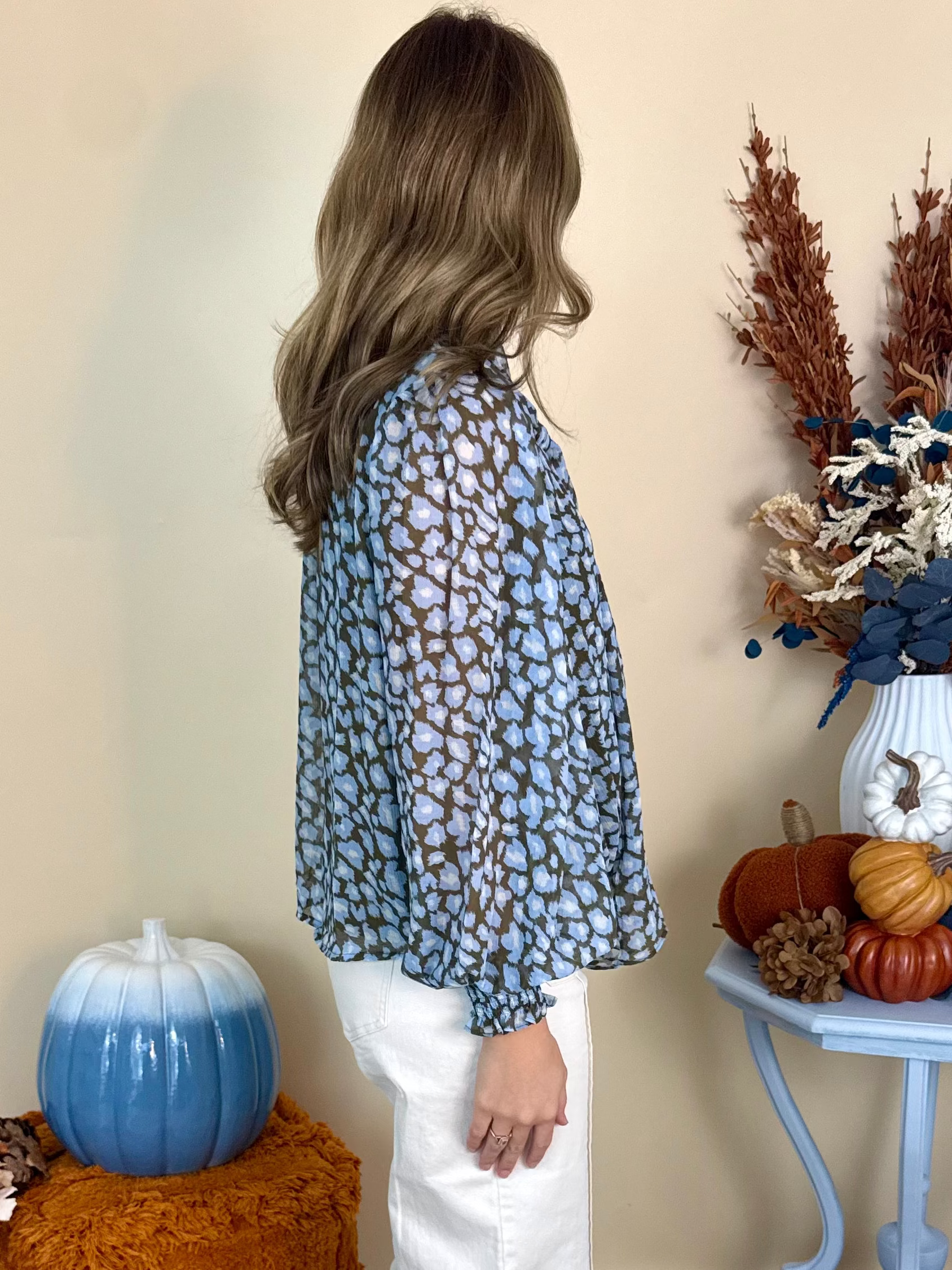 Take Note Blue Combo Leopard Balloon Sleeve Top-Shop-Womens-Boutique-Clothing
