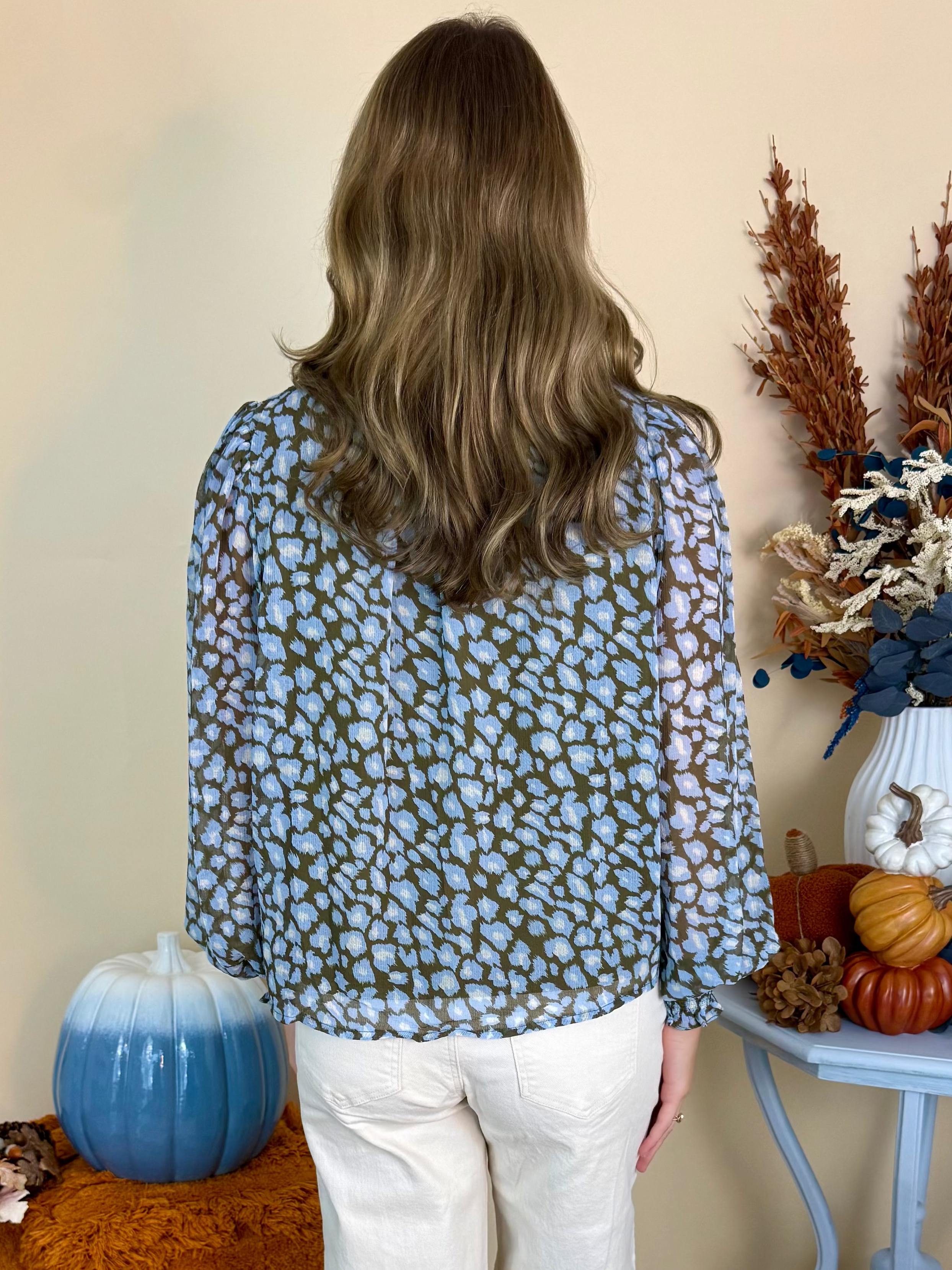 Take Note Blue Combo Leopard Balloon Sleeve Top-Shop-Womens-Boutique-Clothing