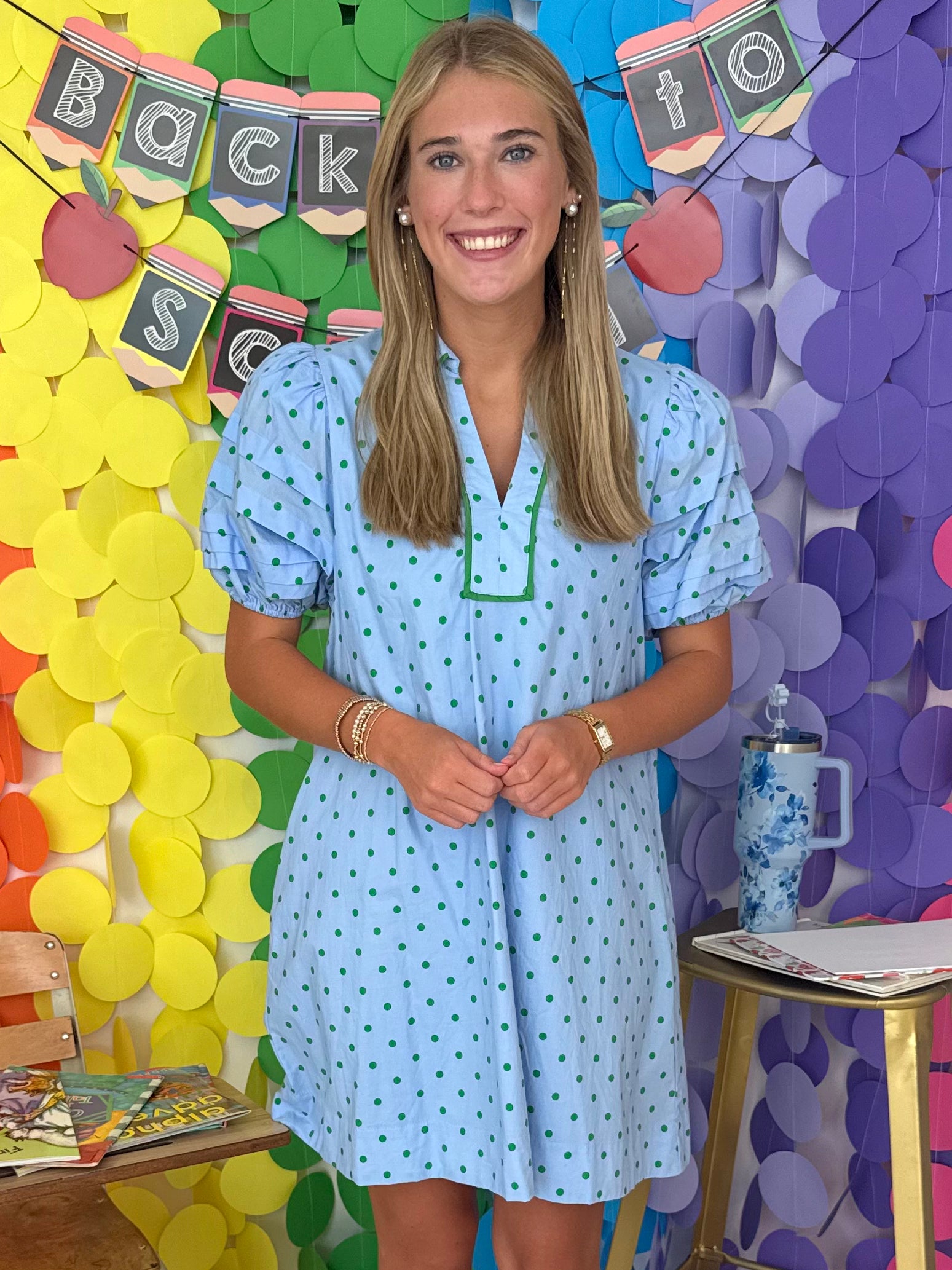 Ivory Tide Blue Polka Dot Puff Sleeve Dress-Shop-Womens-Boutique-Clothing