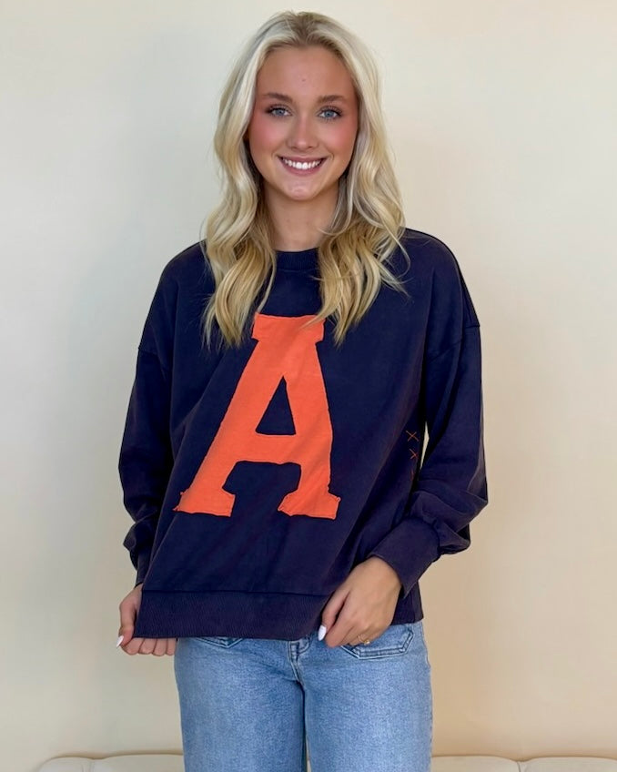 Softly Said Navy Washed "A" Stitch Sweatshirt-Shop-Womens-Boutique-Clothing