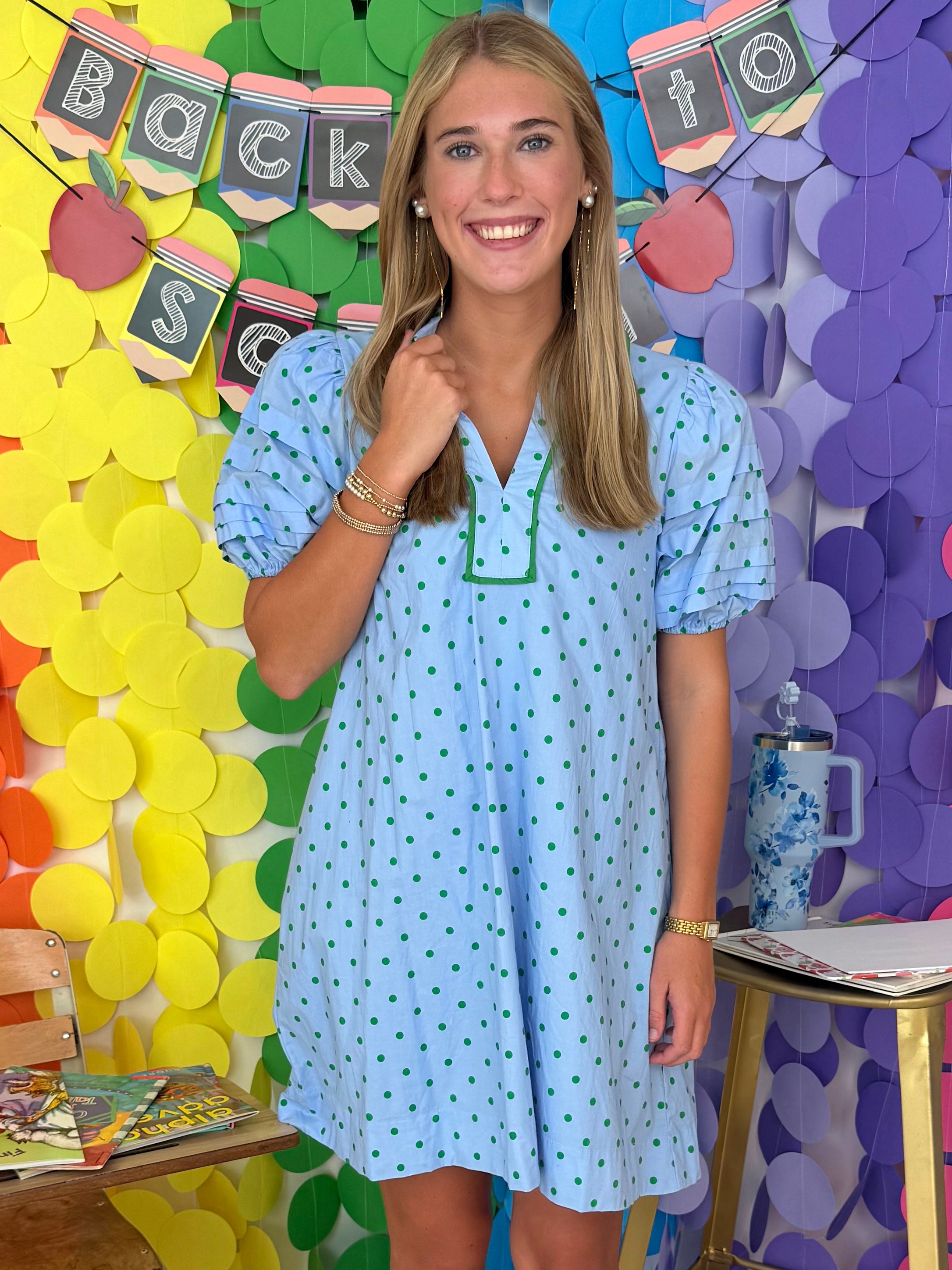 Ivory Tide Blue Polka Dot Puff Sleeve Dress-Shop-Womens-Boutique-Clothing