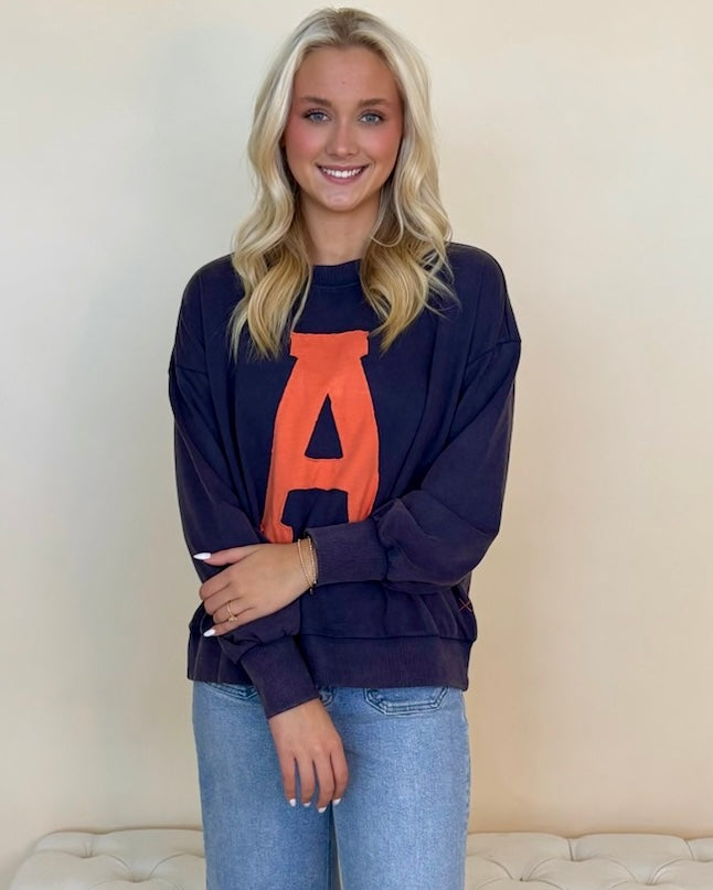 Softly Said Navy Washed "A" Stitch Sweatshirt-Shop-Womens-Boutique-Clothing