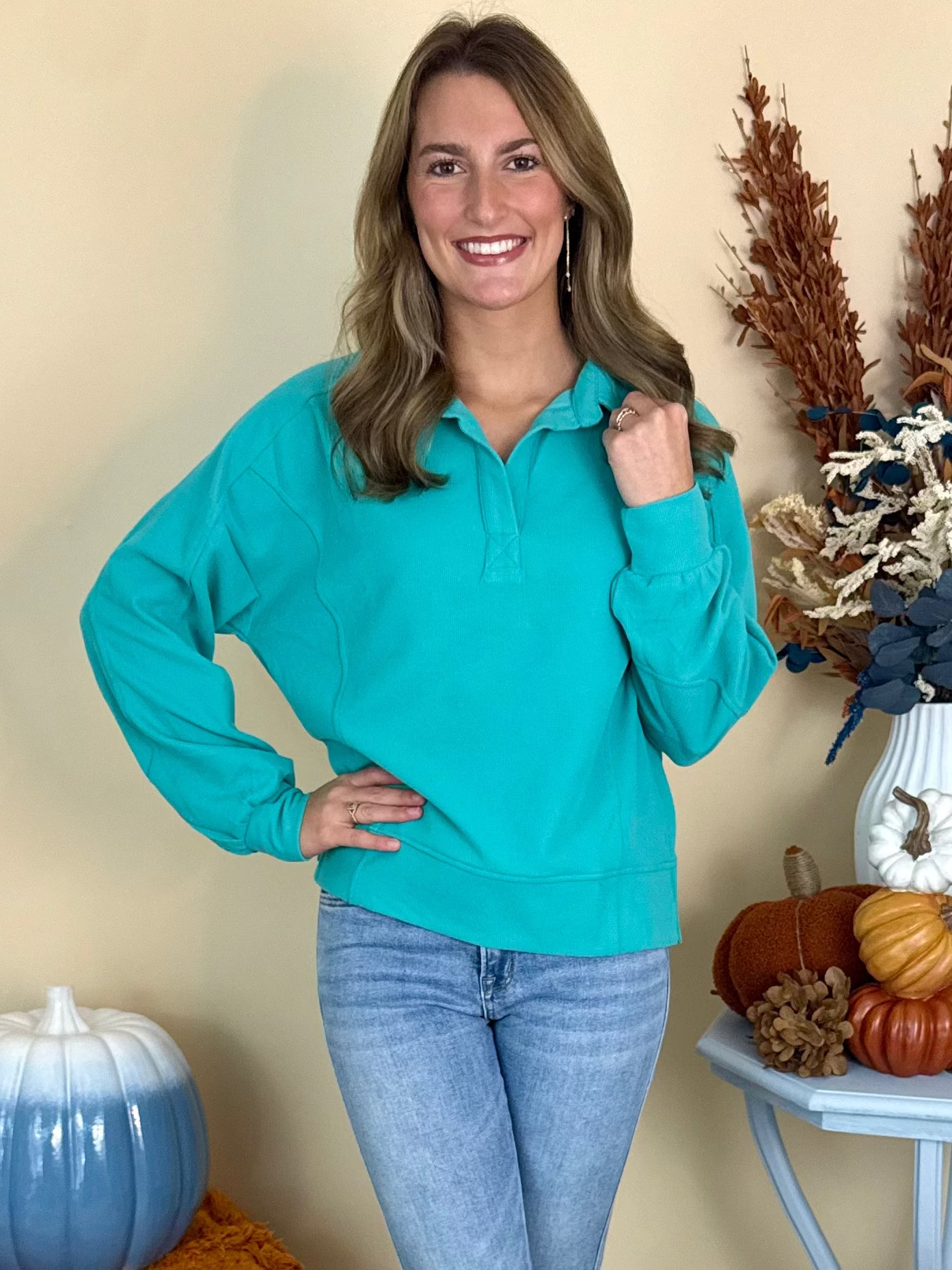 Countryside Charm Mint Waffle Collared Pullover Top-Shop-Womens-Boutique-Clothing