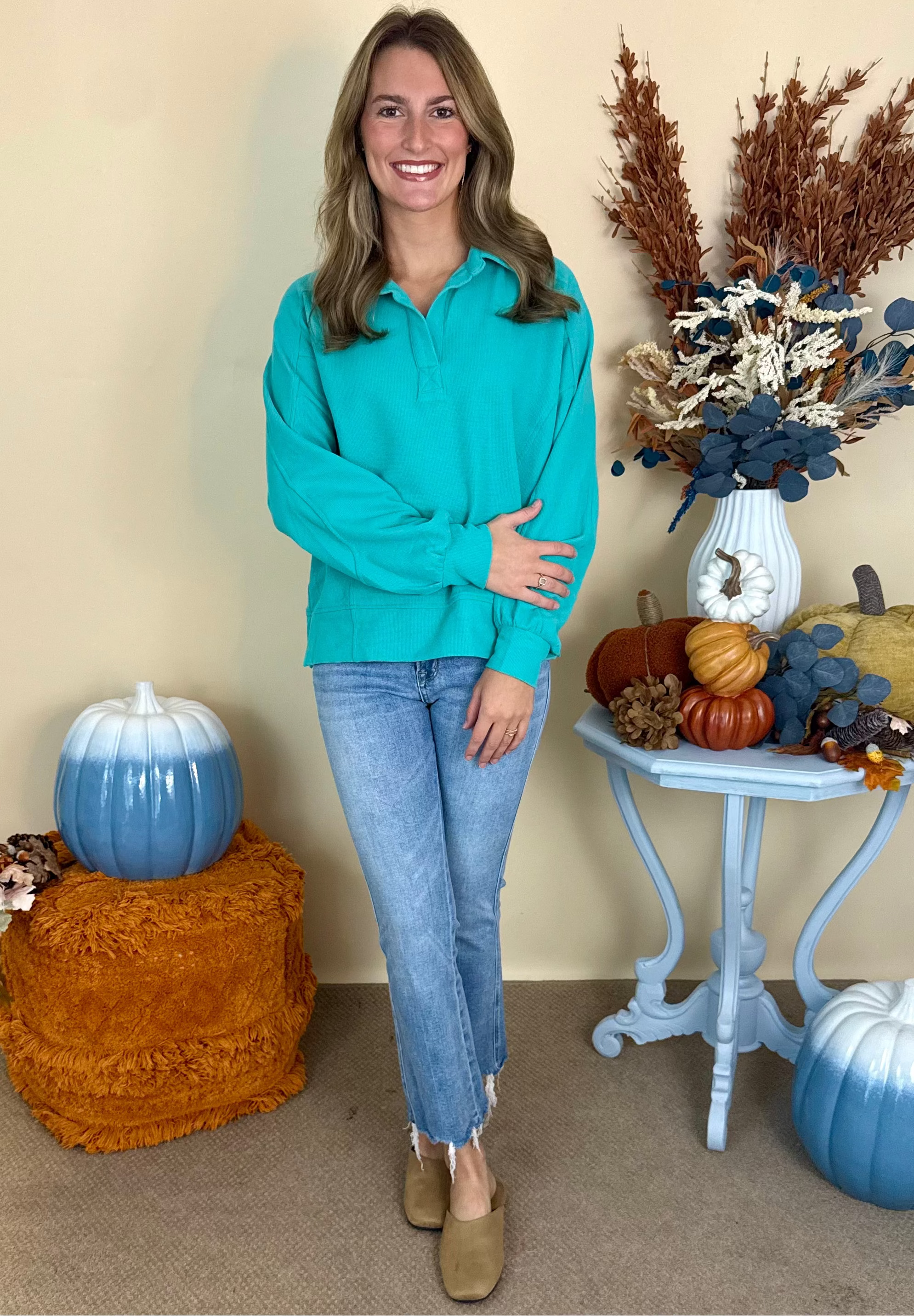 Countryside Charm Mint Waffle Collared Pullover Top-Shop-Womens-Boutique-Clothing