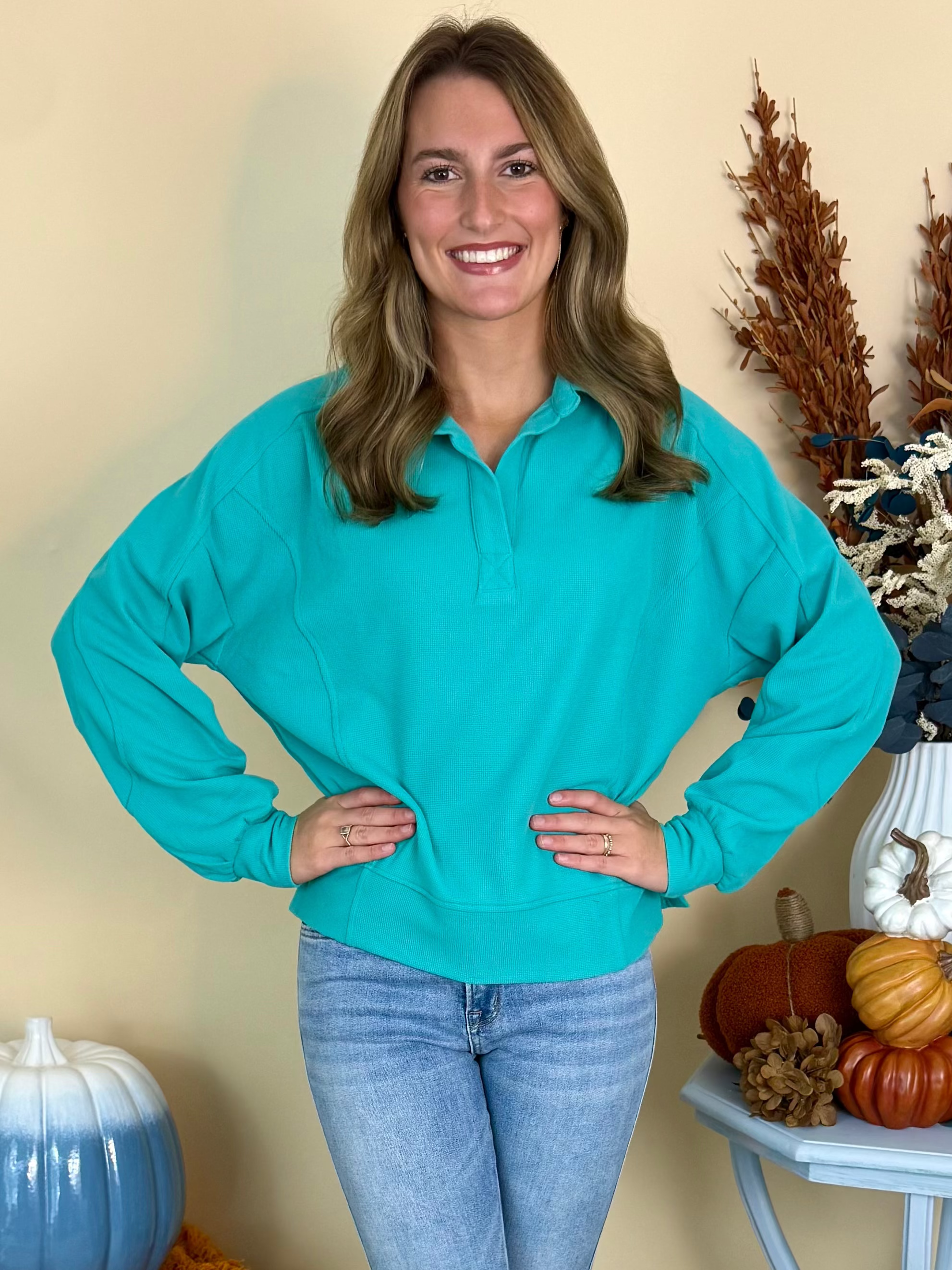 Countryside Charm Mint Waffle Collared Pullover Top-Shop-Womens-Boutique-Clothing