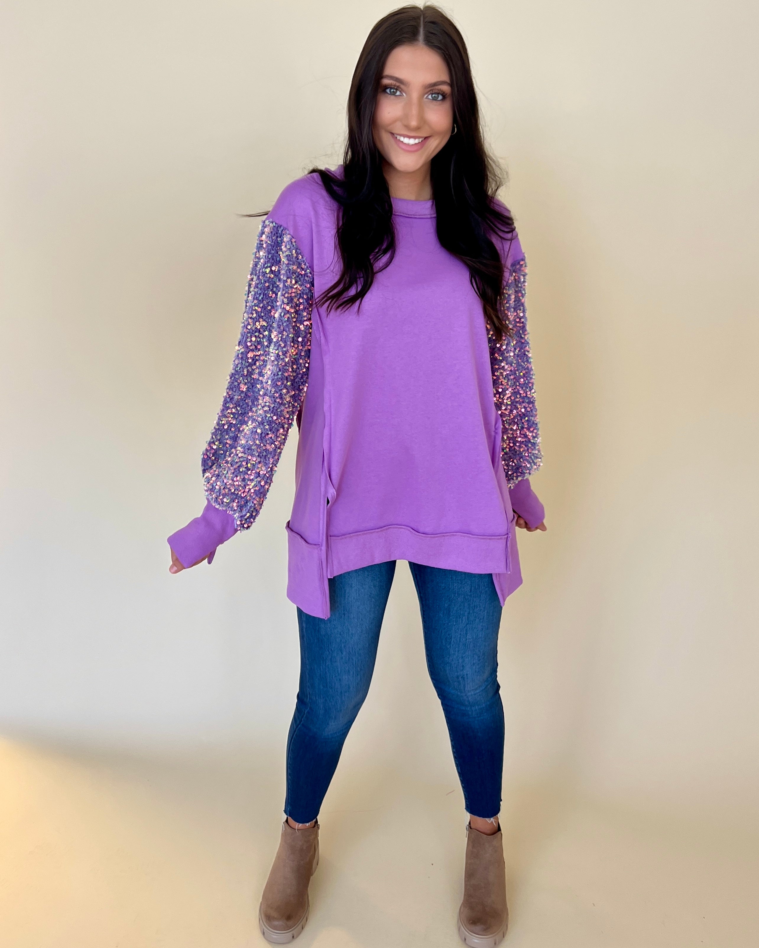 Bring The Drama Lavender Sequins Sleeve Top-Shop-Womens-Boutique-Clothing