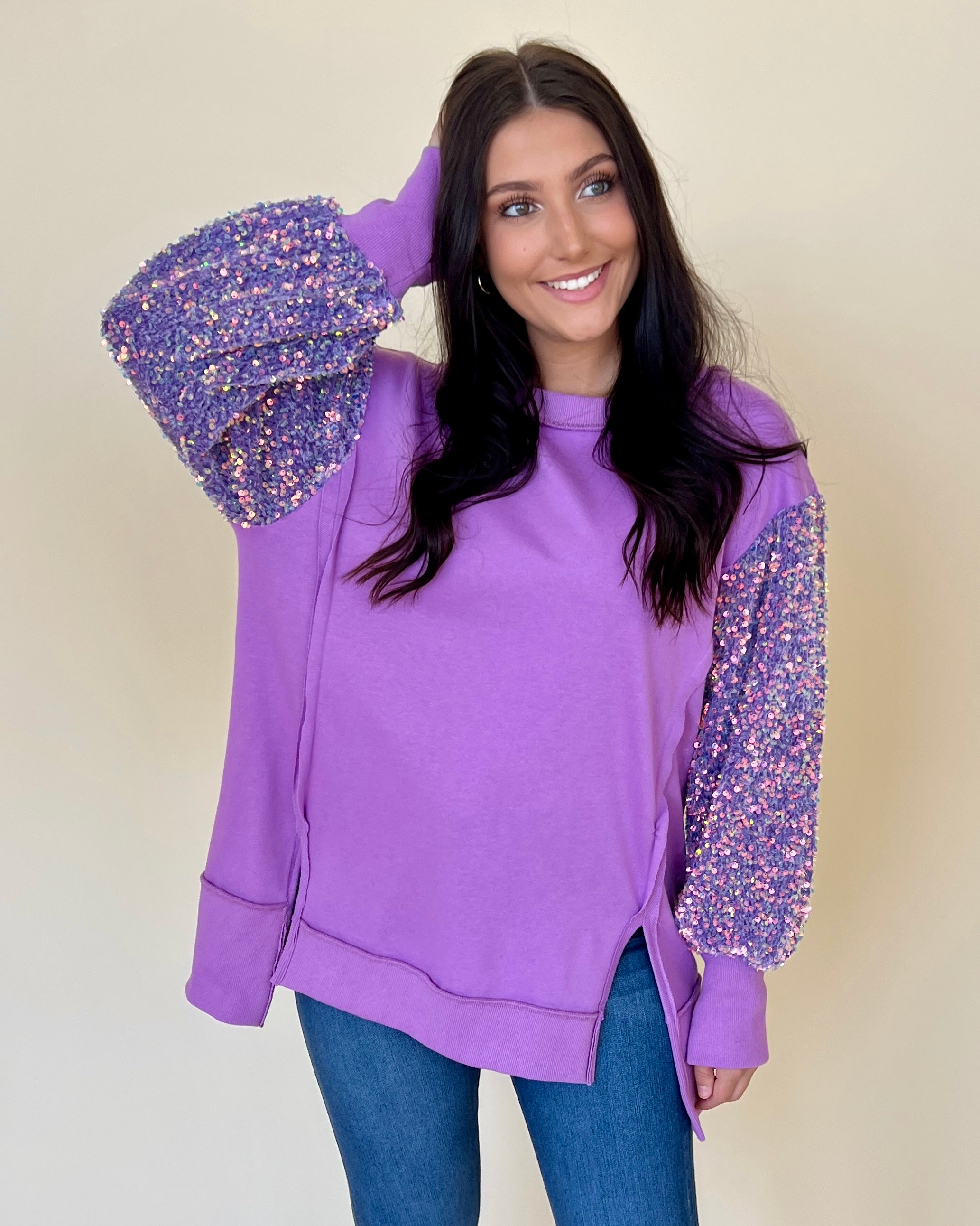 Bring The Drama Lavender Sequins Sleeve Top-Shop-Womens-Boutique-Clothing