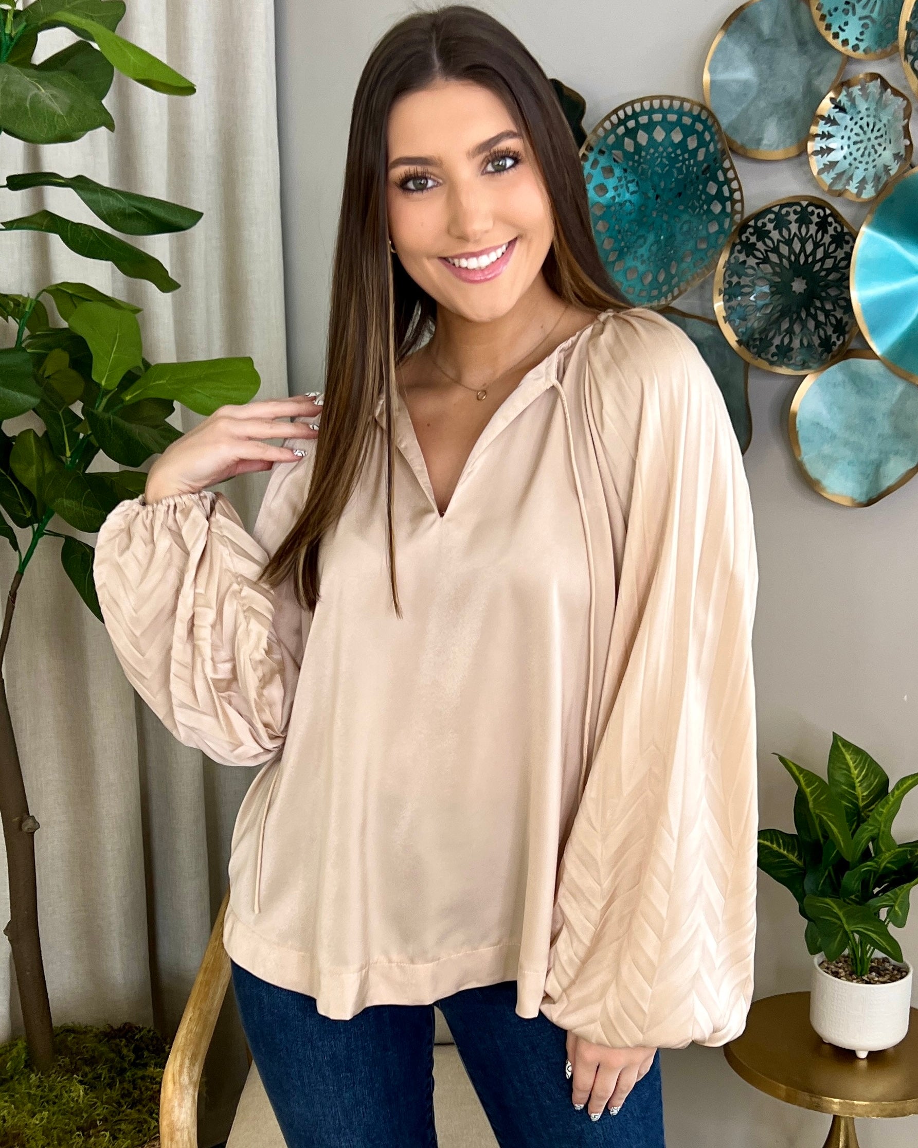 Opening Act Champagne Pleated Top-Shop-Womens-Boutique-Clothing
