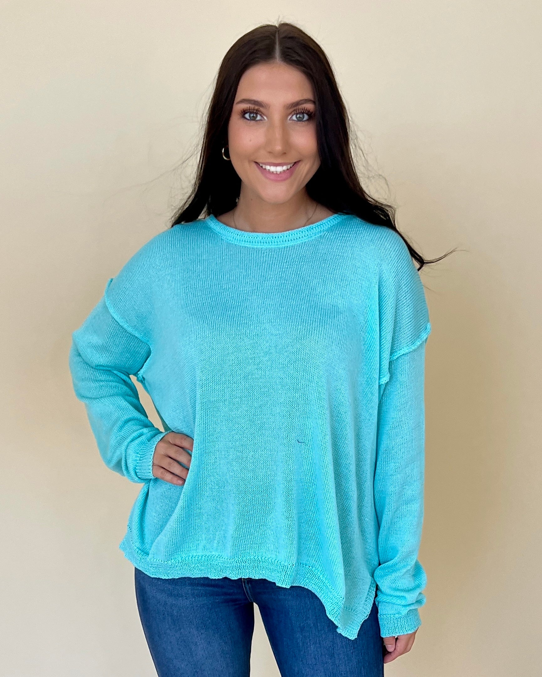 Change In The Air Aqua Blue Drop Shoulder Sweater-Shop-Womens-Boutique-Clothing