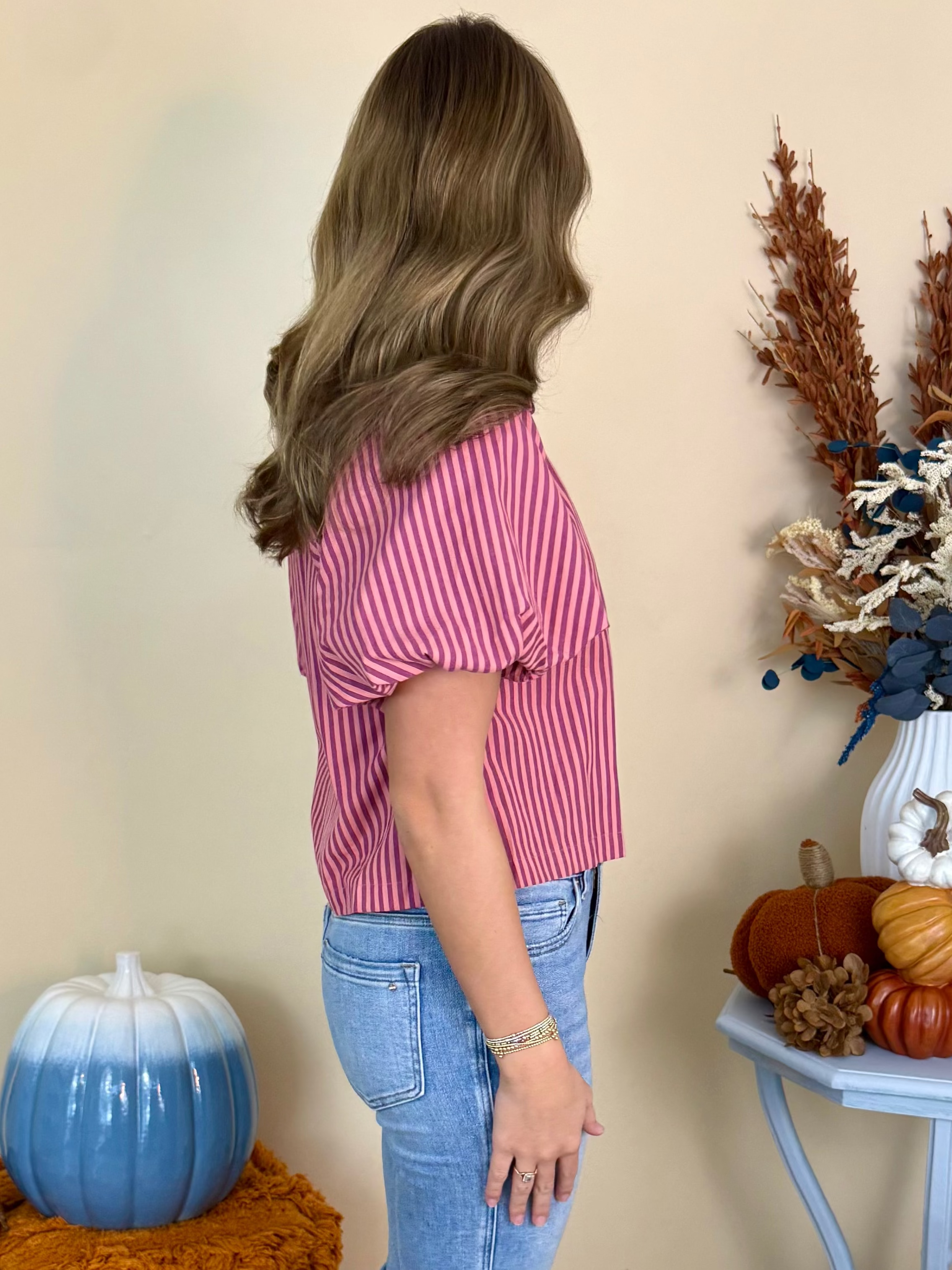 Worth Knowing Marsala Striped Puff Sleeve Button Top-Shop-Womens-Boutique-Clothing