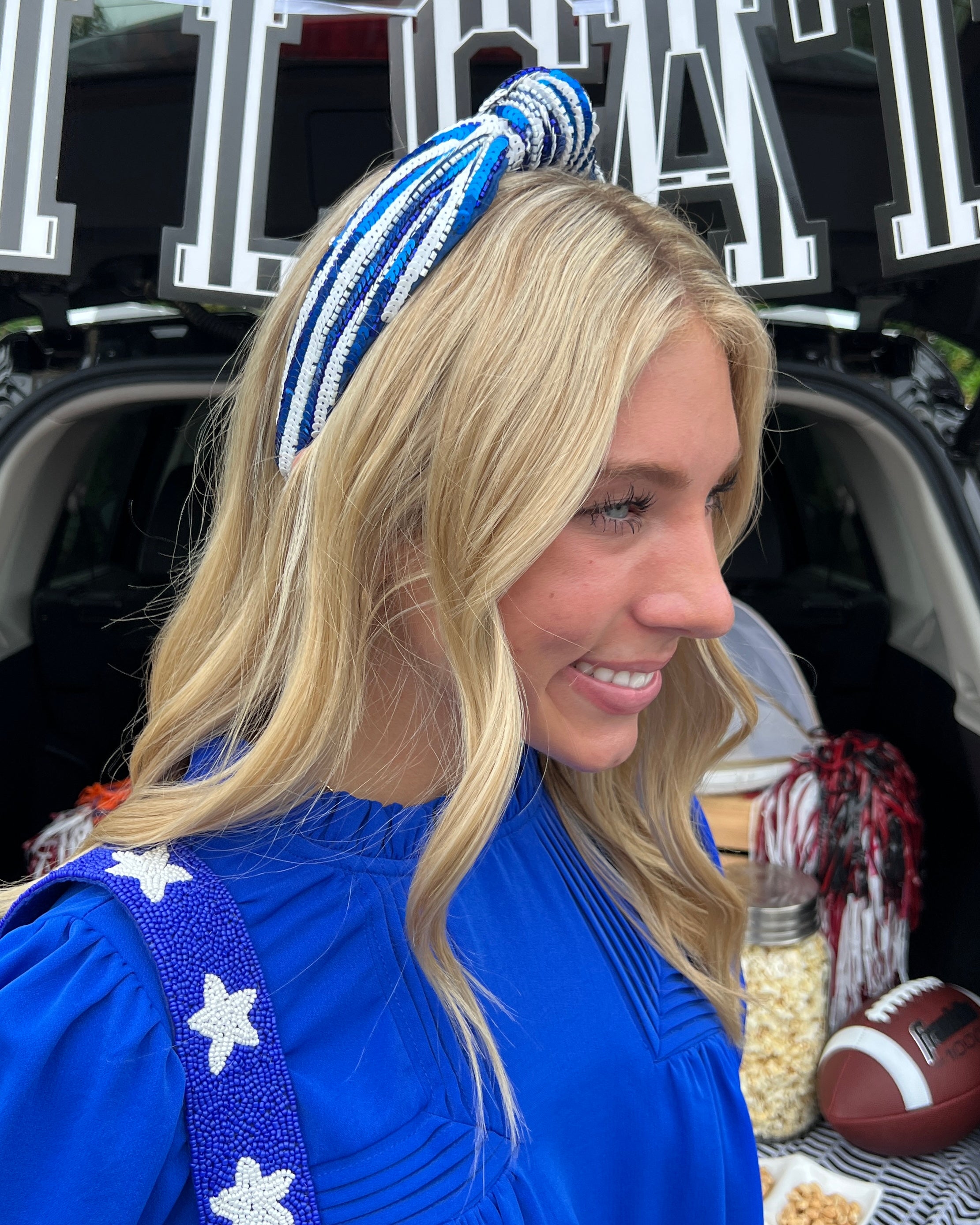 It's Game Day Blue and White Sequin Stripe Headband-Shop-Womens-Boutique-Clothing