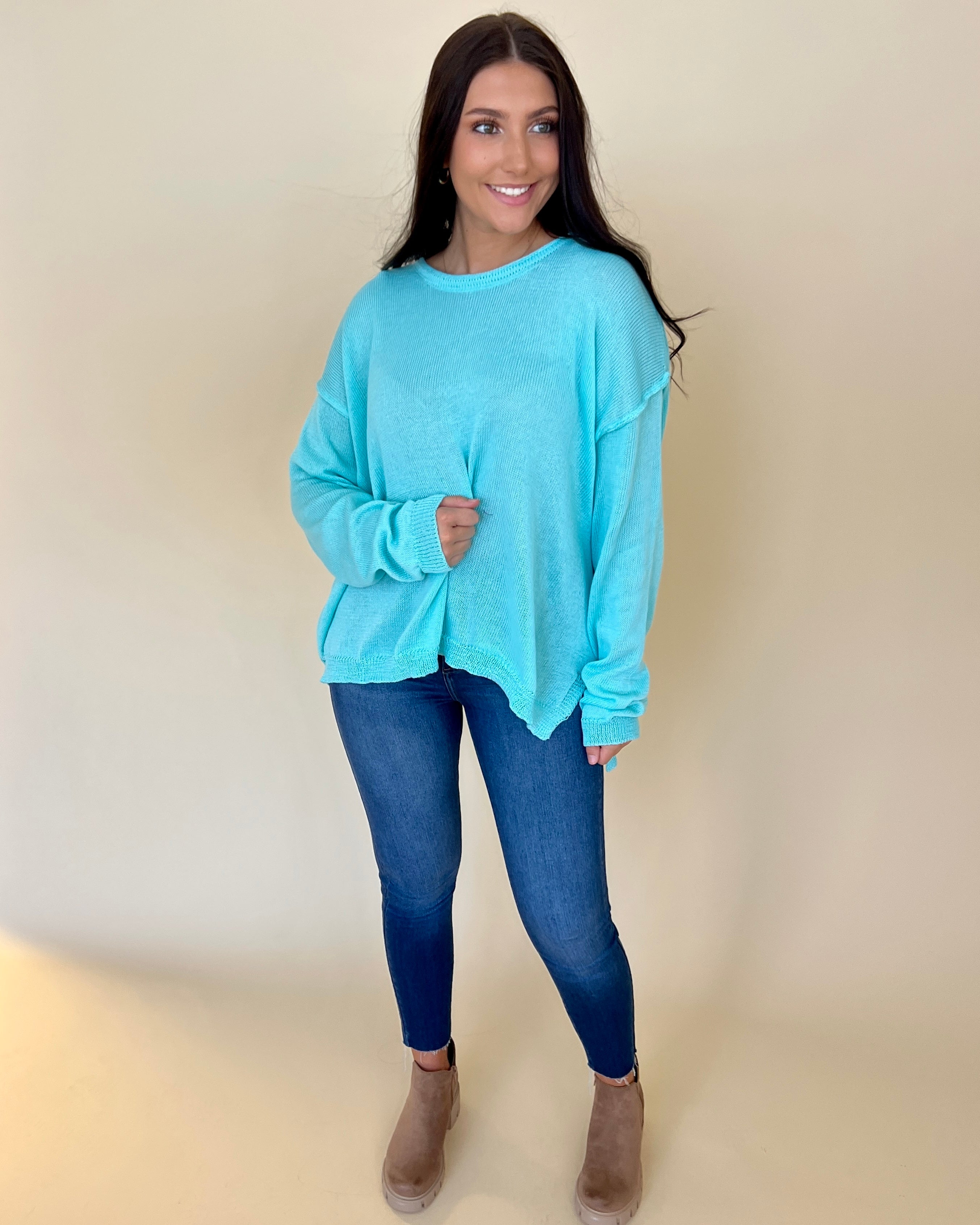 Change In The Air Aqua Blue Drop Shoulder Sweater-Shop-Womens-Boutique-Clothing