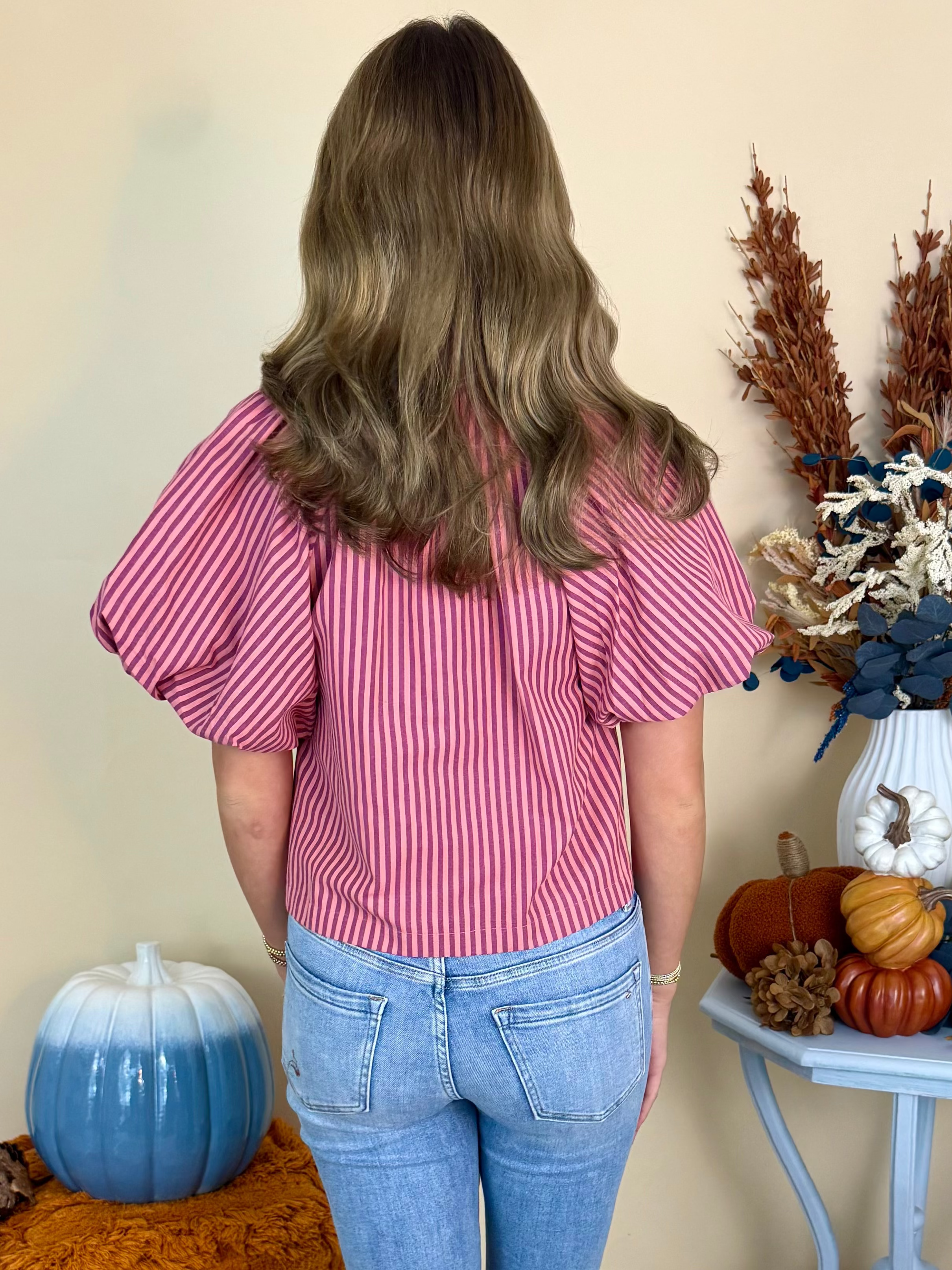 Worth Knowing Marsala Striped Puff Sleeve Button Top-Shop-Womens-Boutique-Clothing