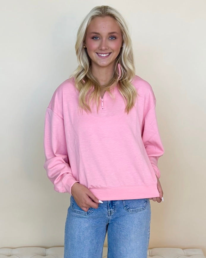 Wear Easy Dk Pink Half Zip Sweatshirt-Shop-Womens-Boutique-Clothing