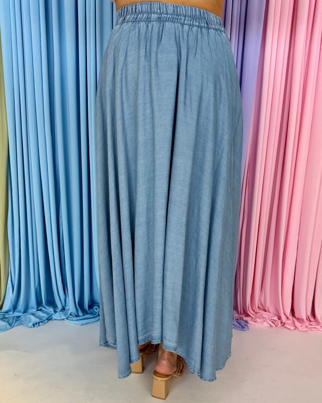Sweet As Can Be Chambray Pleated Midi Skirt-Shop-Womens-Boutique-Clothing