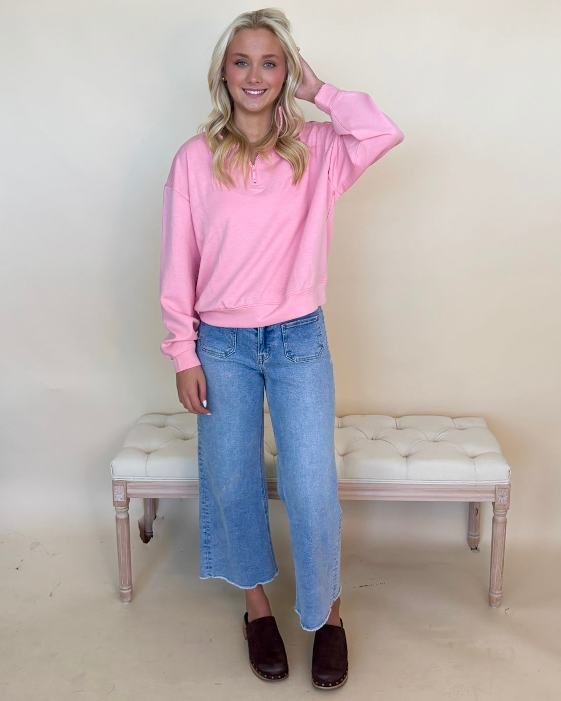 Wear Easy Dk Pink Half Zip Sweatshirt-Shop-Womens-Boutique-Clothing