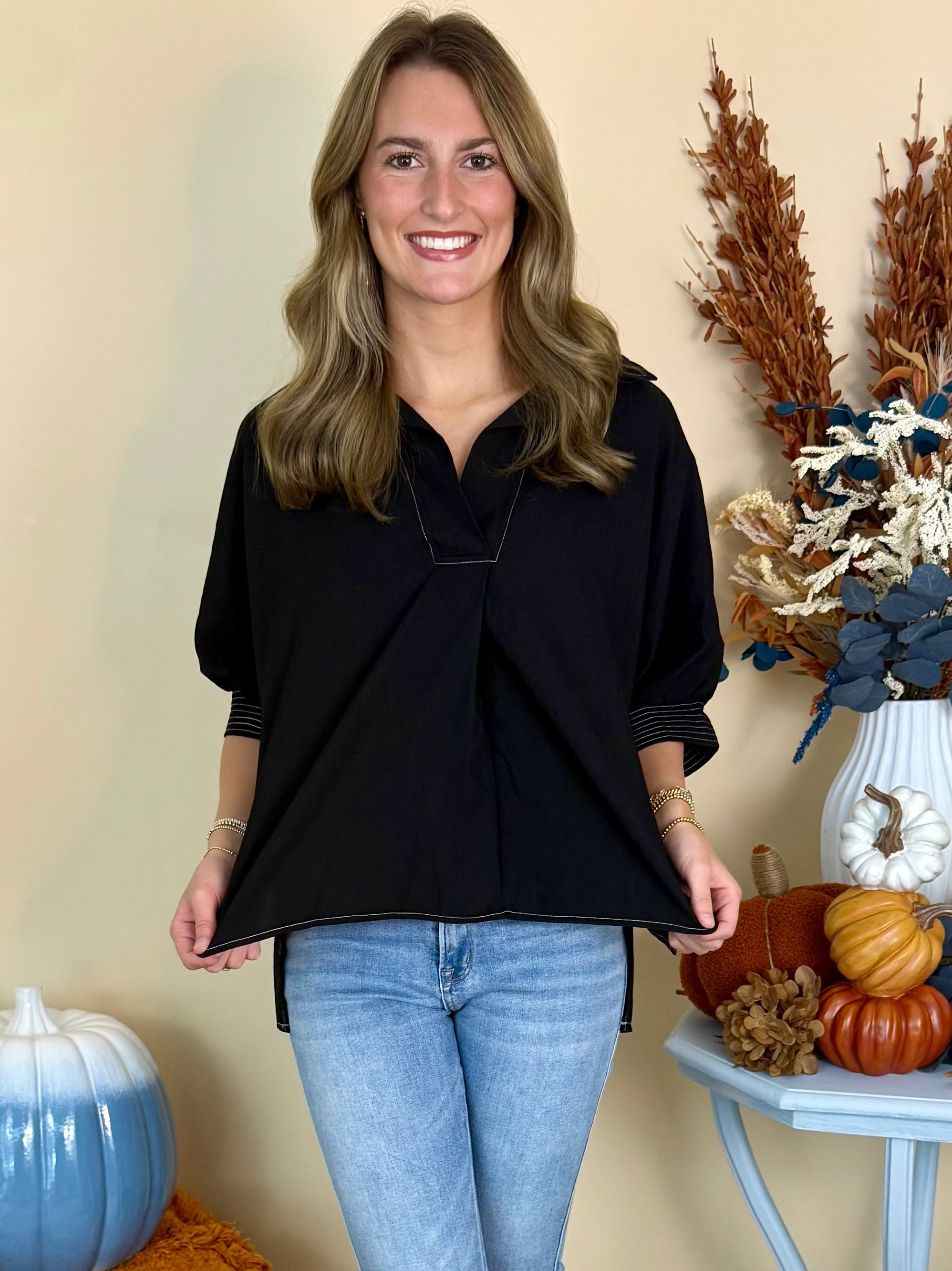 Fits the Plan Black V-Neck Stitch Collared Top-Shop-Womens-Boutique-Clothing