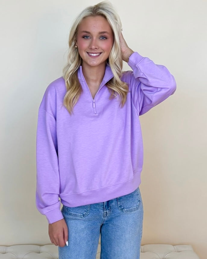 Wear Easy B Lavender Half Zip Sweatshirt-Shop-Womens-Boutique-Clothing