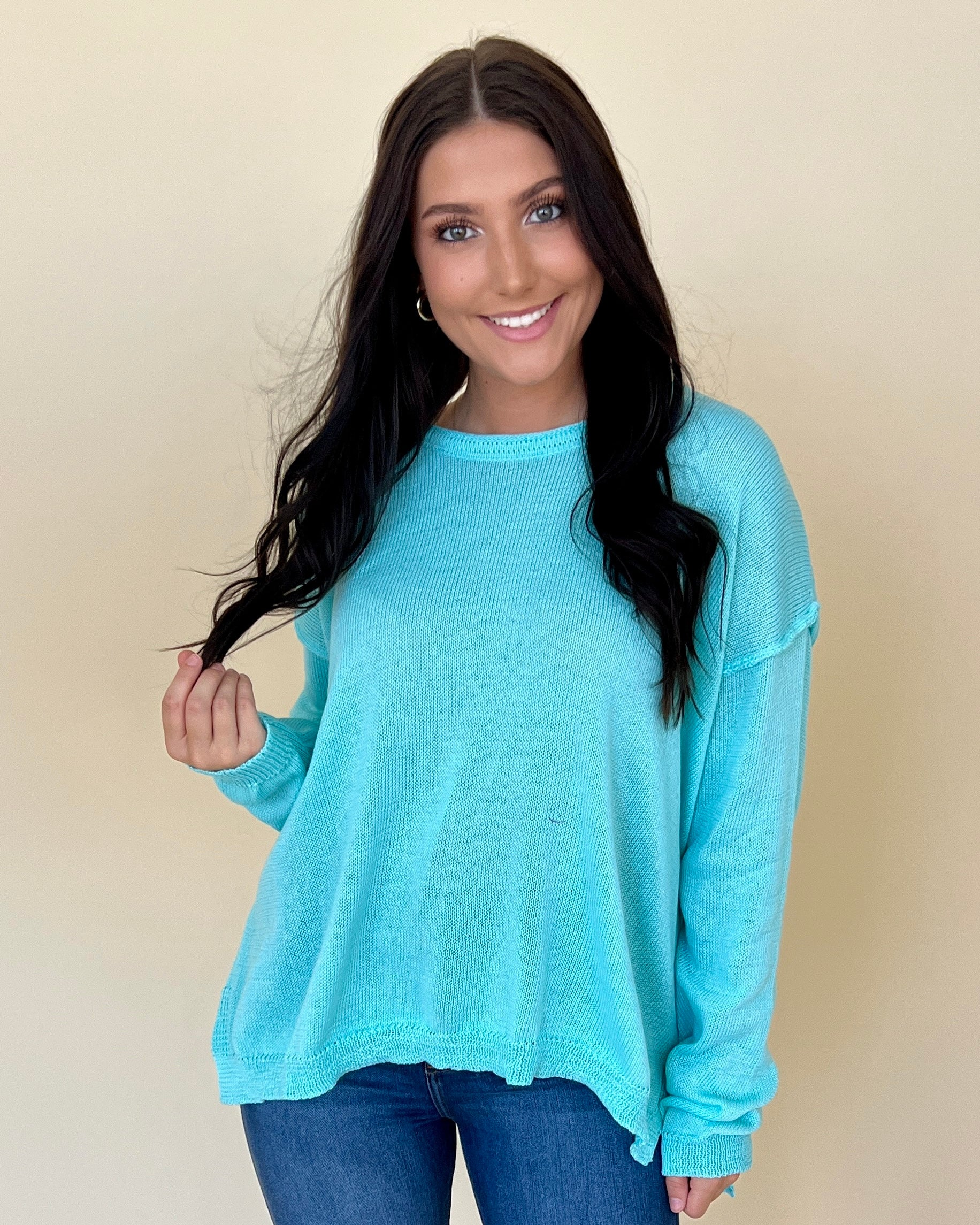Change In The Air Aqua Blue Drop Shoulder Sweater-Shop-Womens-Boutique-Clothing