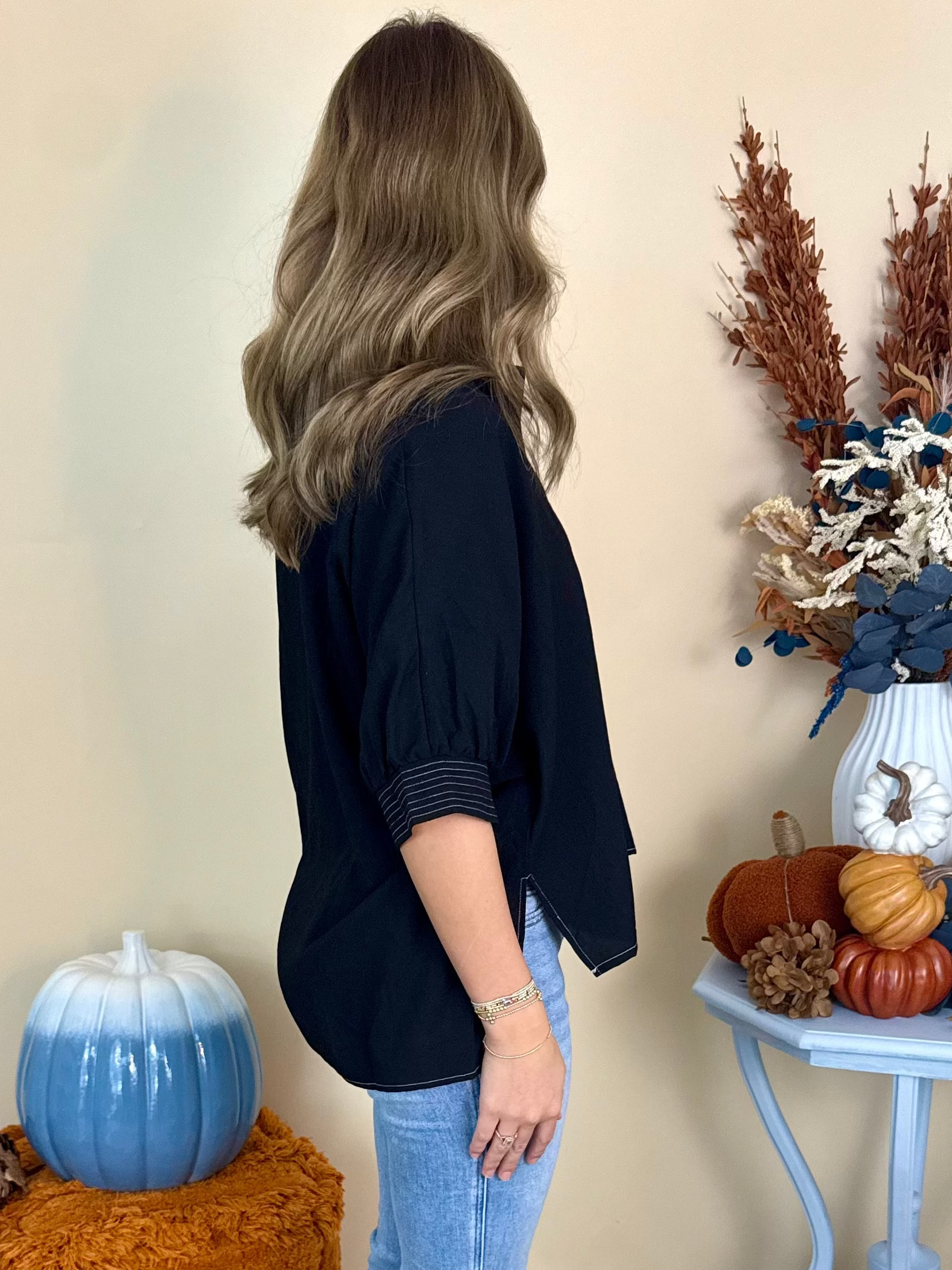Fits the Plan Black V-Neck Stitch Collared Top-Shop-Womens-Boutique-Clothing