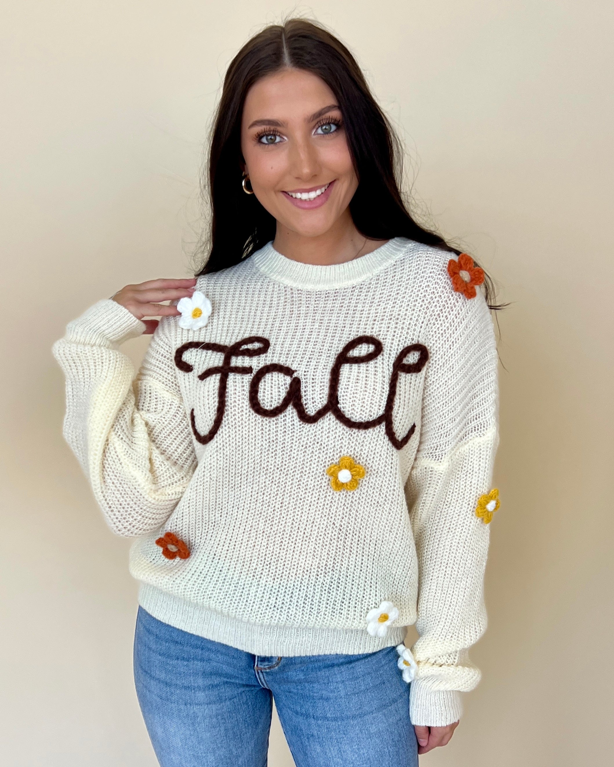 Fall Flower Oatmeal Appliqué Sweater-Shop-Womens-Boutique-Clothing