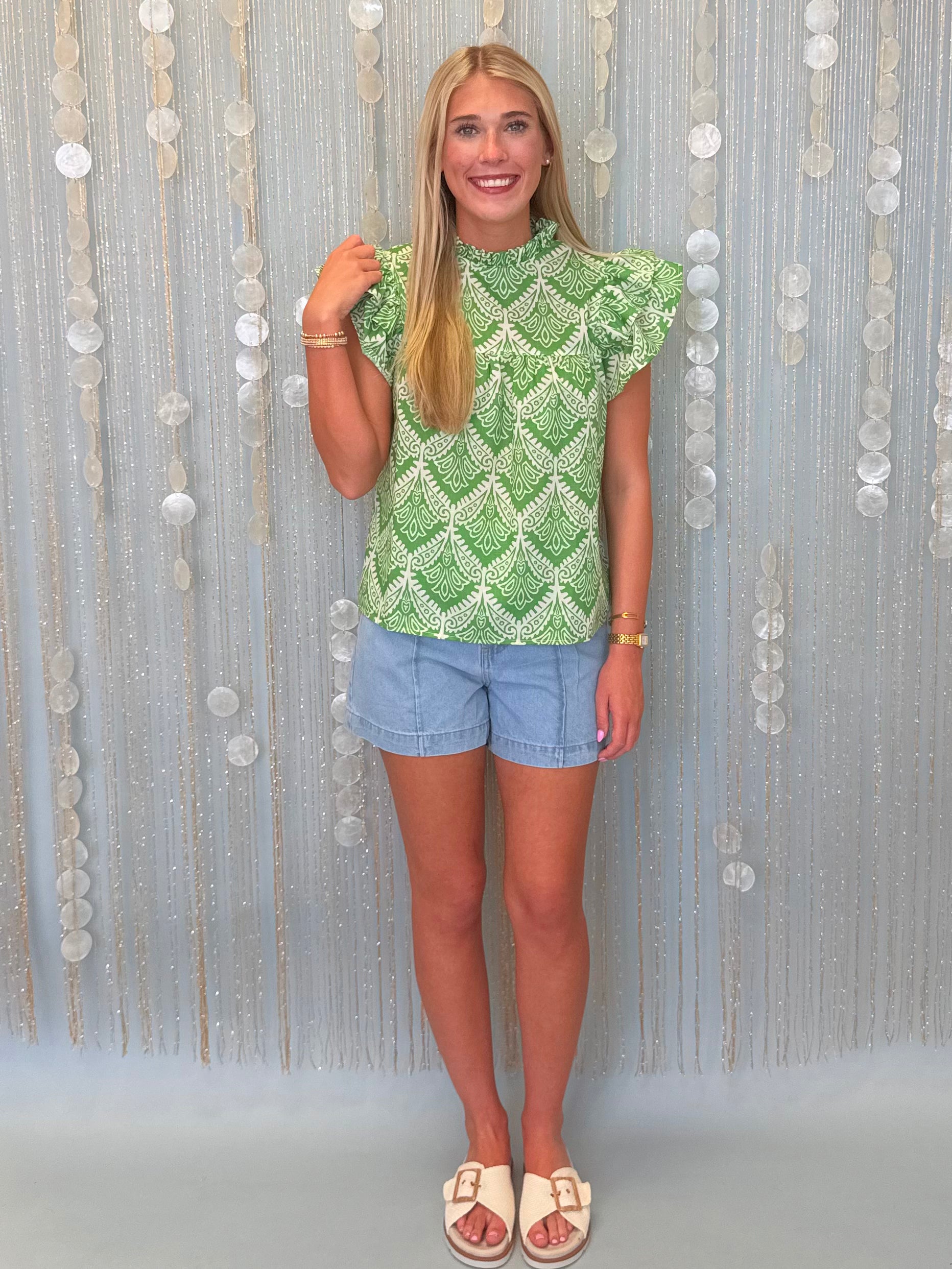 Lovely Mood Green Print Flutter Sleeve Top-Shop-Womens-Boutique-Clothing