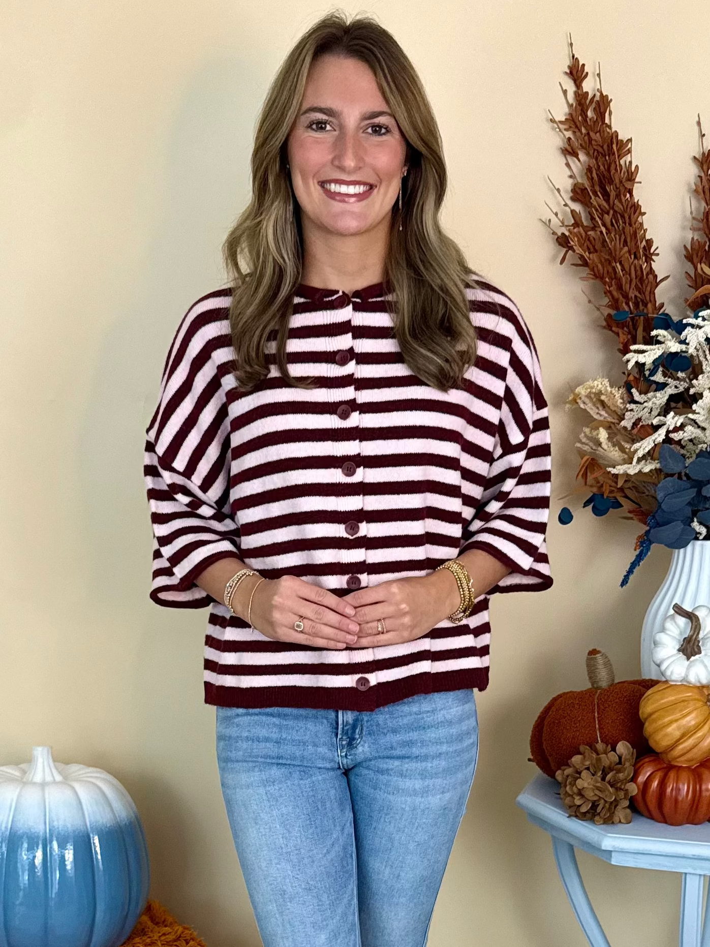 Your Move Burgundy Stripe SS Cardigan-Shop-Womens-Boutique-Clothing