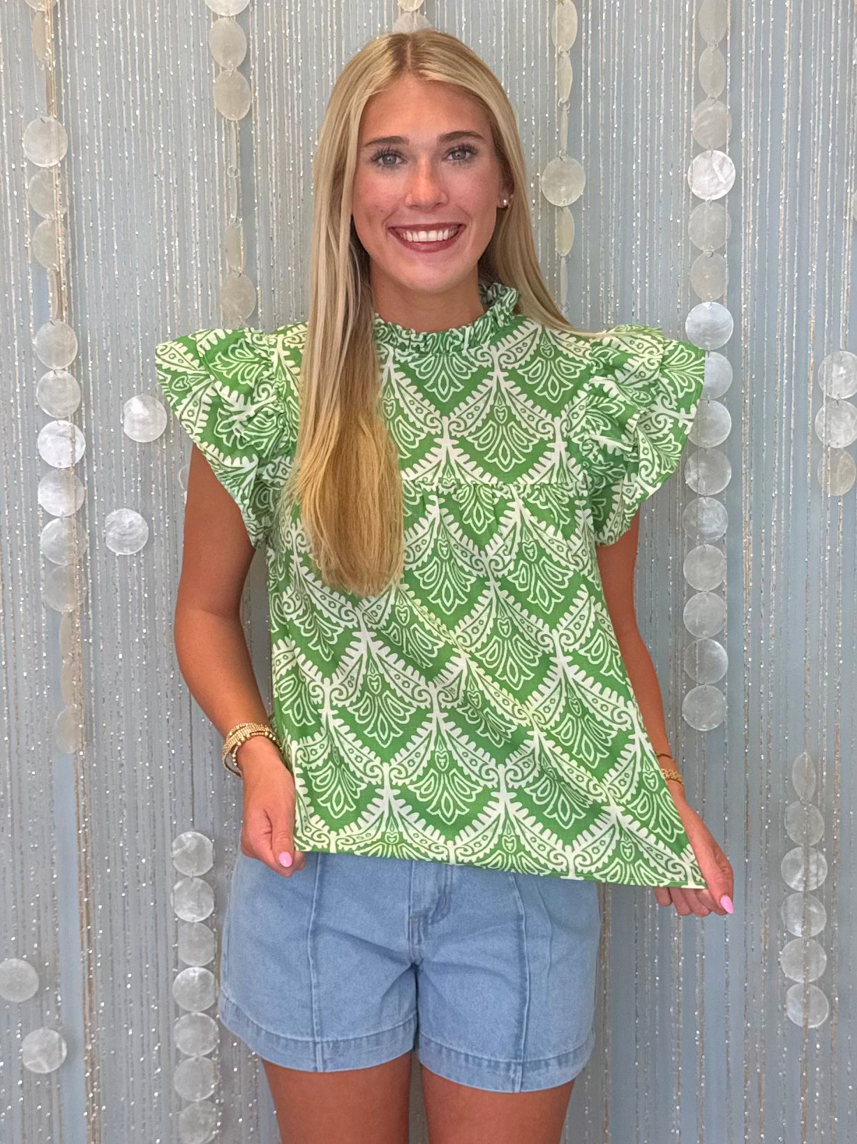Lovely Mood Green Print Flutter Sleeve Top-Shop-Womens-Boutique-Clothing