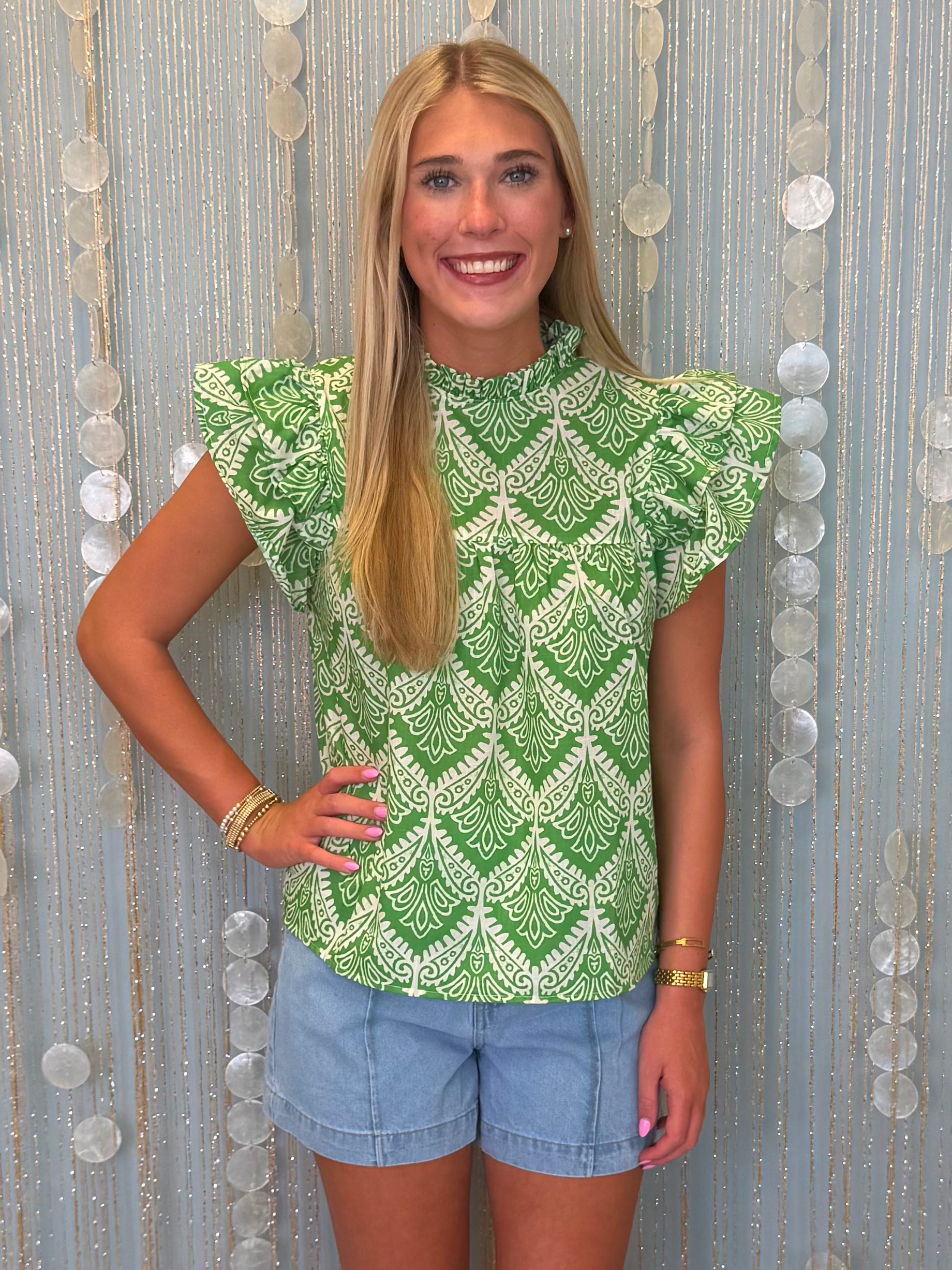Lovely Mood Green Print Flutter Sleeve Top-Shop-Womens-Boutique-Clothing
