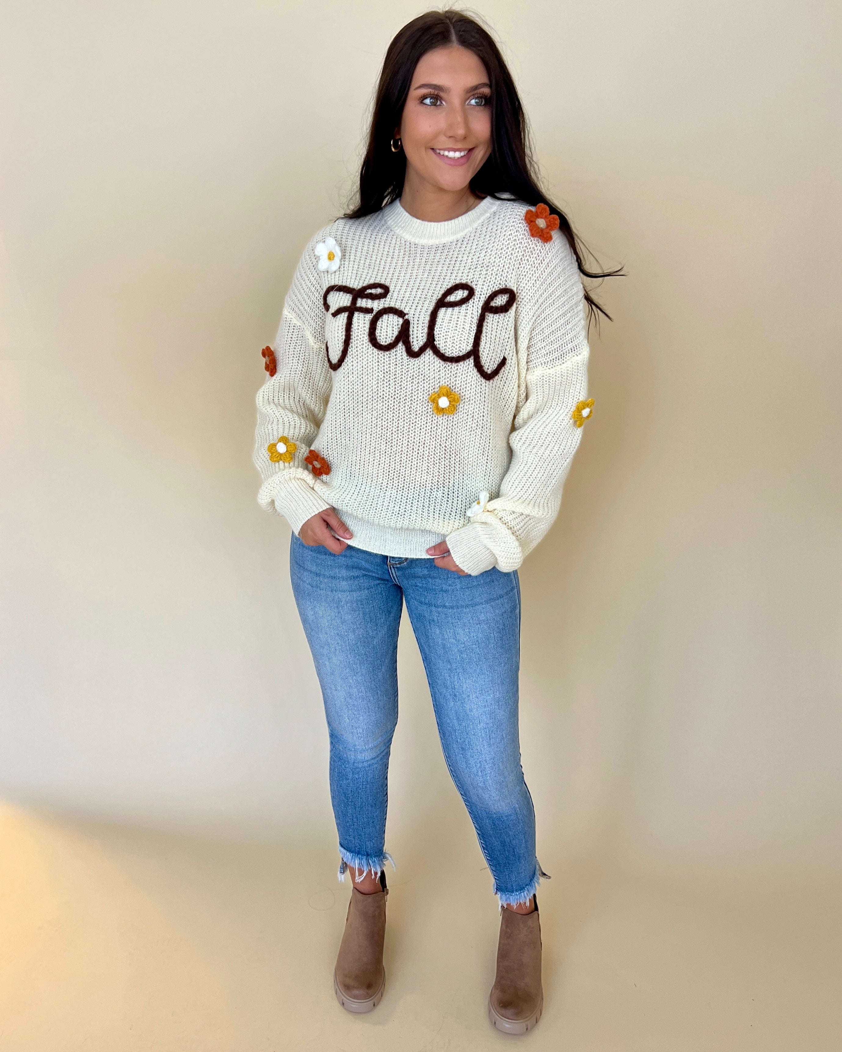 Fall Flower Oatmeal Appliqué Sweater-Shop-Womens-Boutique-Clothing