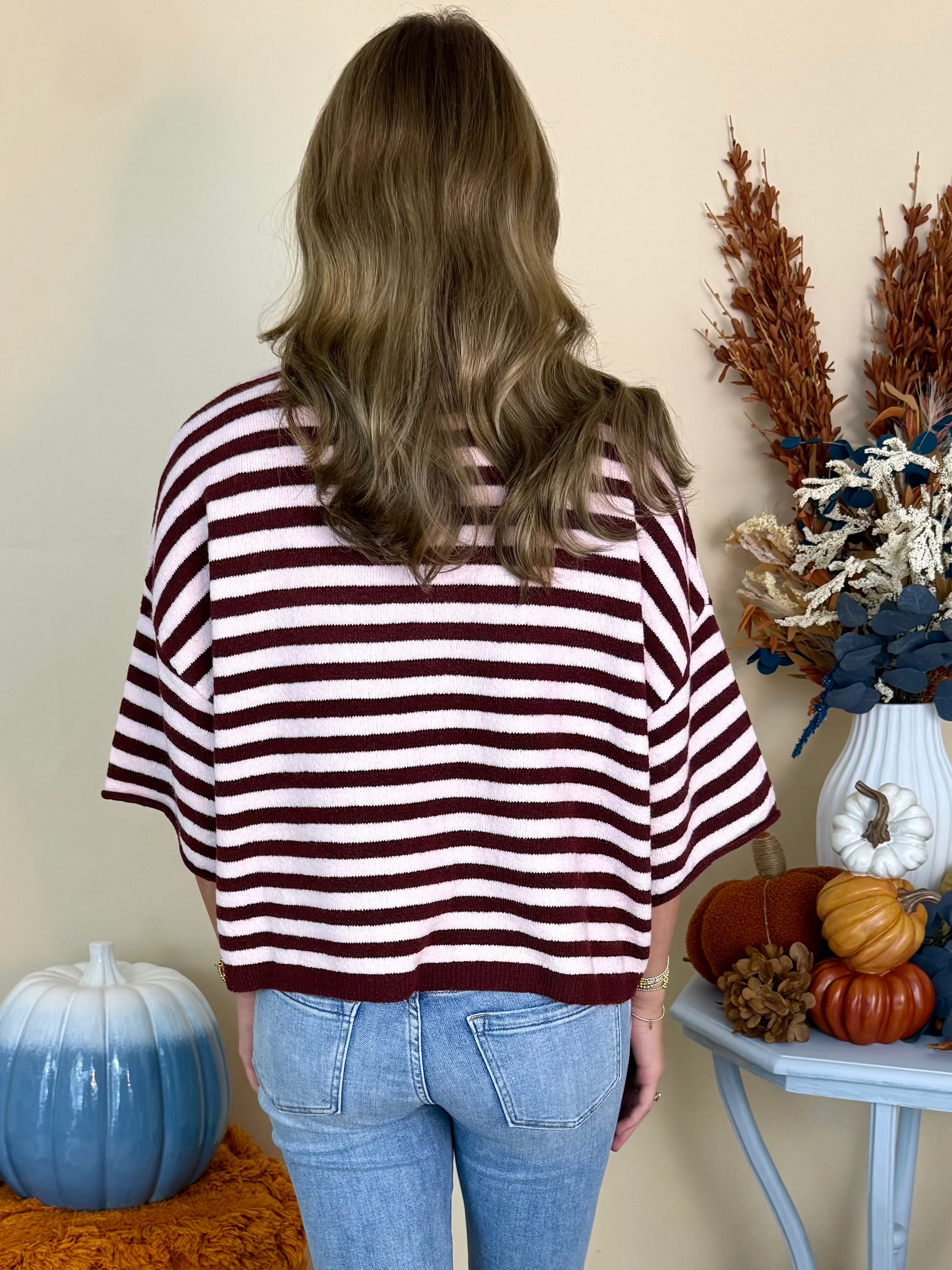 Your Move Burgundy Stripe SS Cardigan-Shop-Womens-Boutique-Clothing