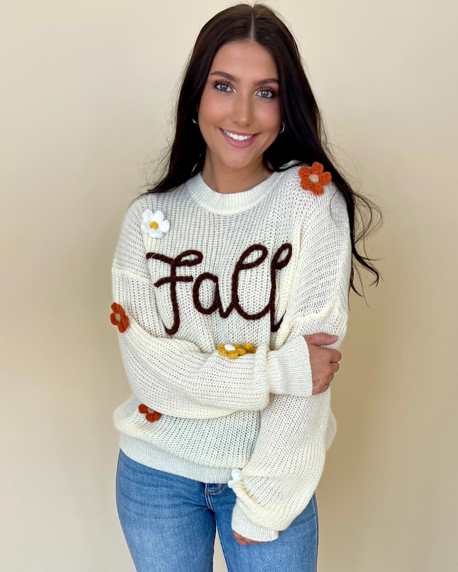 Fall Flower Oatmeal Appliqué Sweater-Shop-Womens-Boutique-Clothing