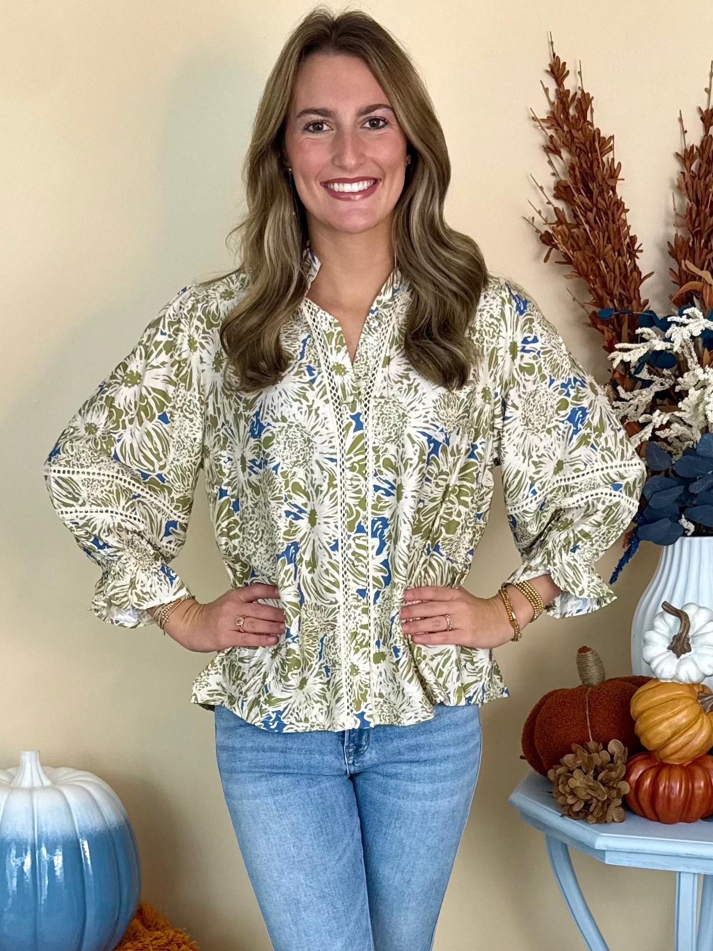 On the Avenue Olive Floral Lace Detail Button Down Top-Shop-Womens-Boutique-Clothing