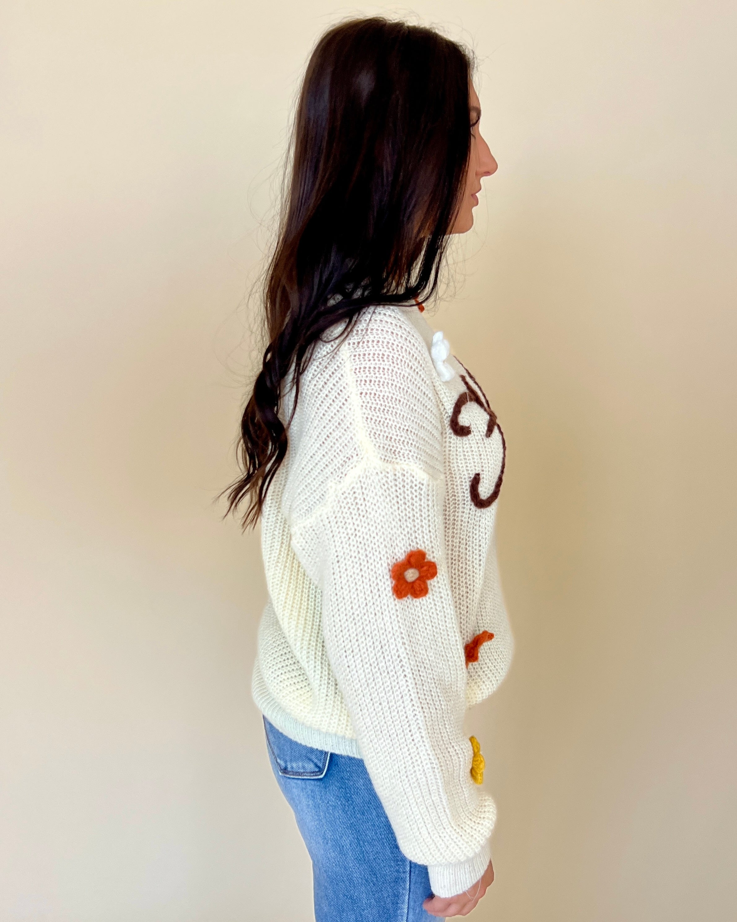 Fall Flower Oatmeal Appliqué Sweater-Shop-Womens-Boutique-Clothing