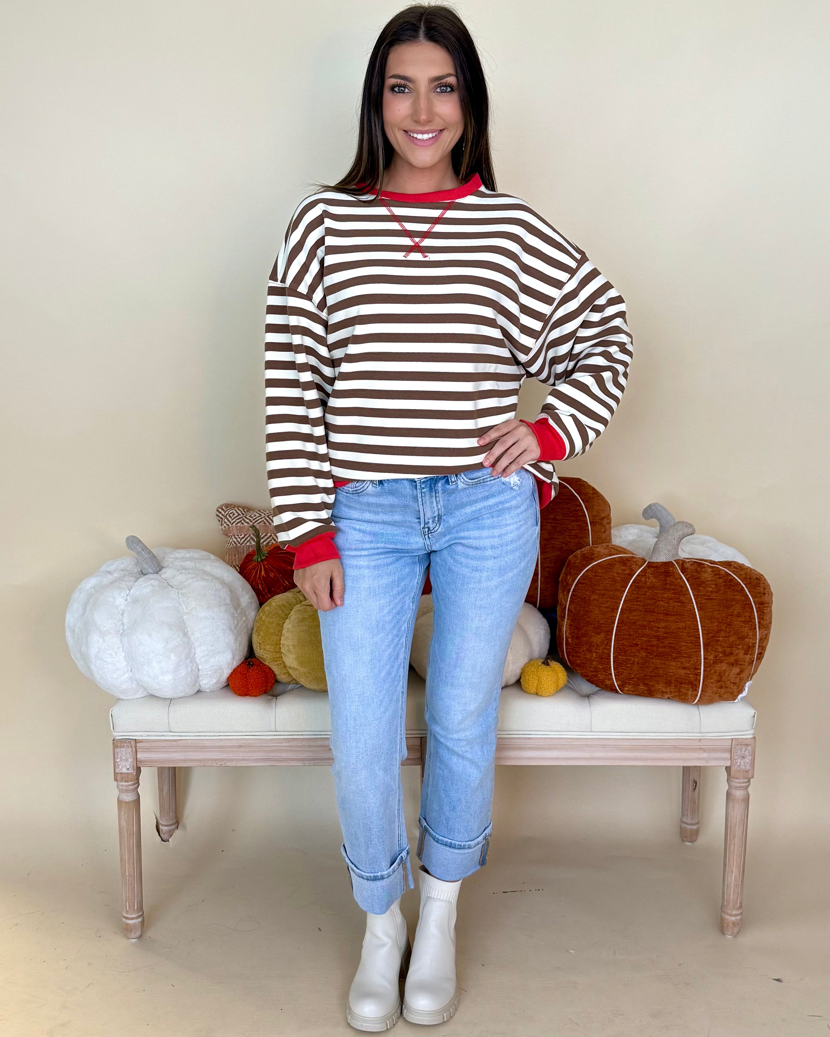 New Style Brown/Coral Stripe Sweatshirt-Shop-Womens-Boutique-Clothing