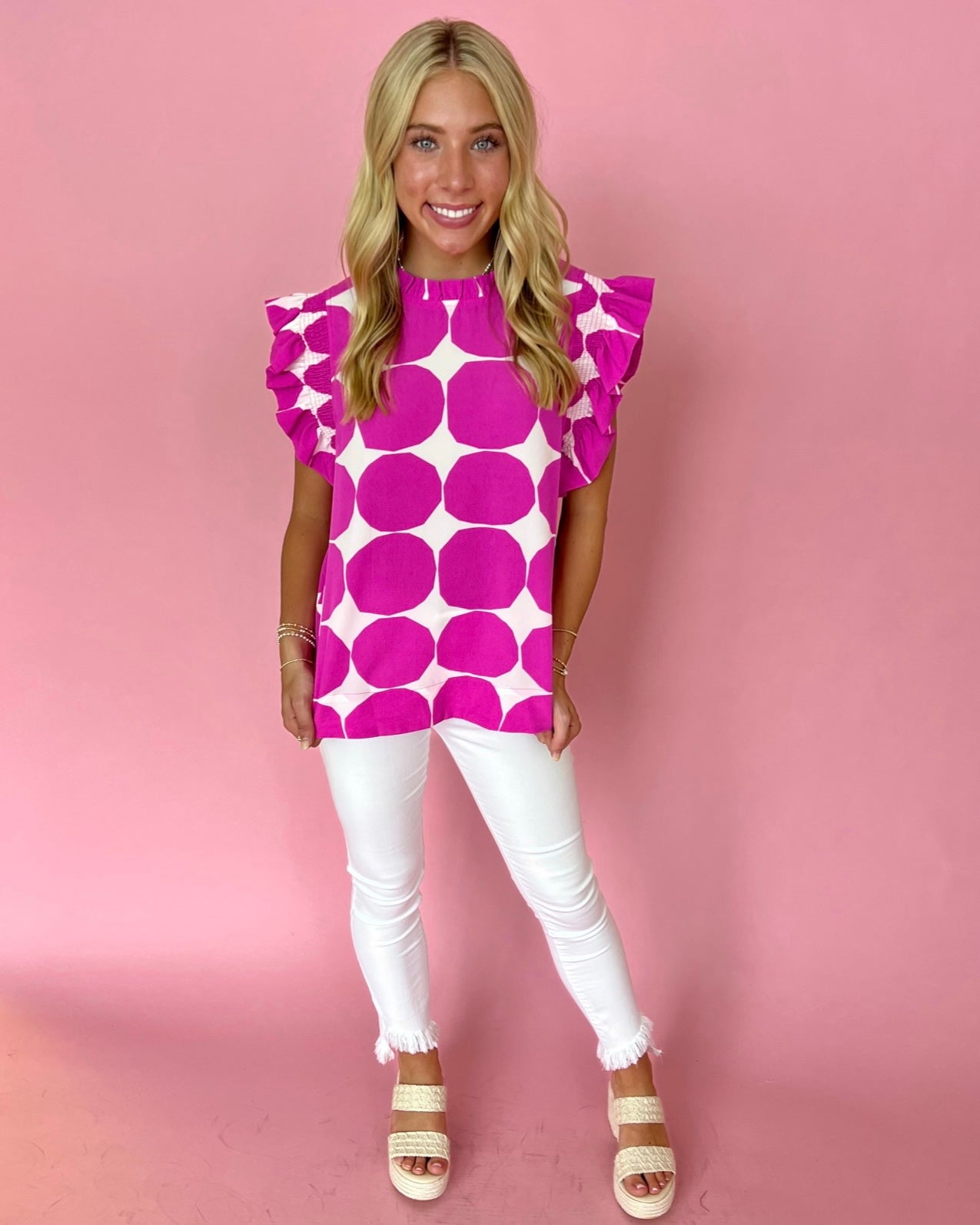 Starting Today Hot Pink Large Dot Print Ruffle Top-Shop-Womens-Boutique-Clothing