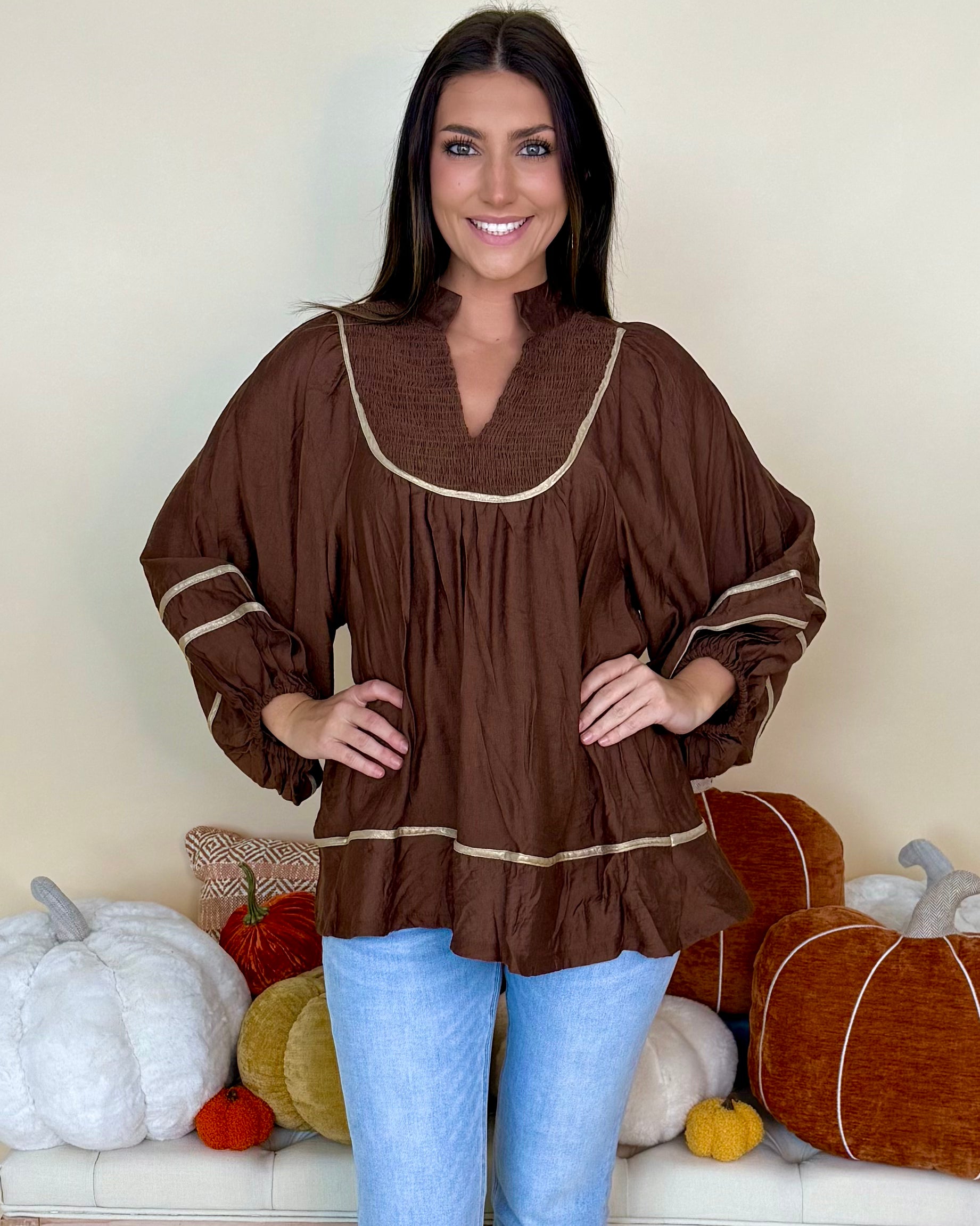Moment Of Time Brown Smocked Piping Top-Shop-Womens-Boutique-Clothing