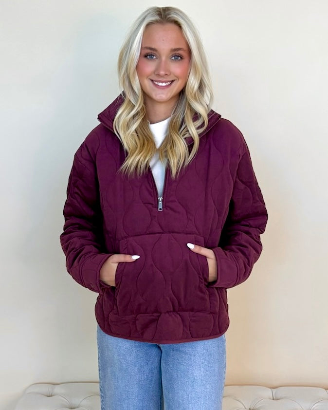 Cozied Up Dark Cherry Quilted Half Zip Pullover Jacket-Shop-Womens-Boutique-Clothing