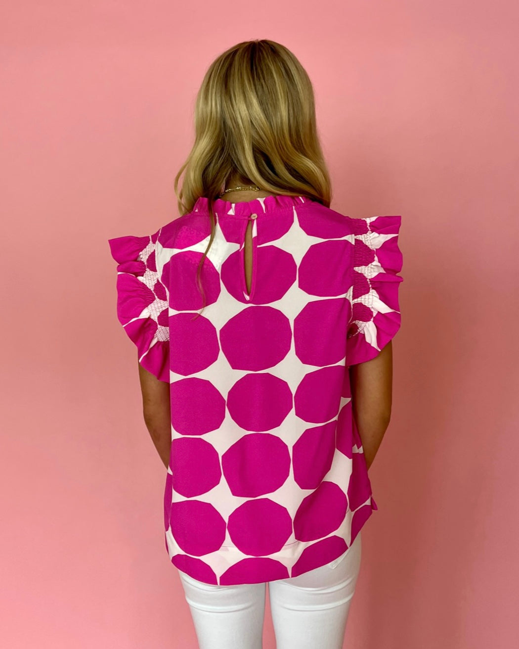 Starting Today Hot Pink Large Dot Print Ruffle Top-Shop-Womens-Boutique-Clothing