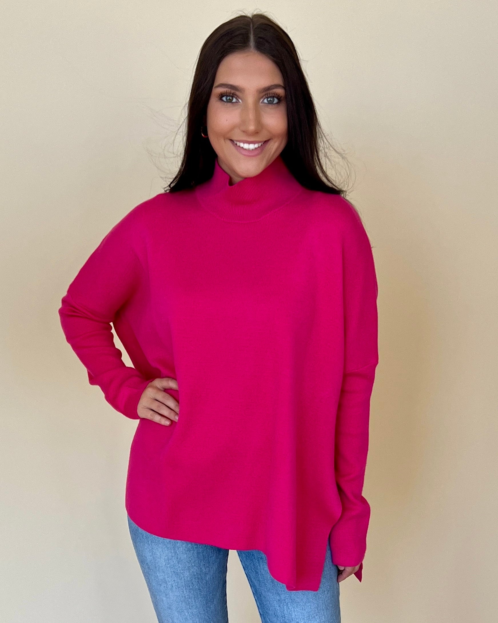 Pour Your Heart Out Hot Pink High Neck Dolman Sweater-Shop-Womens-Boutique-Clothing