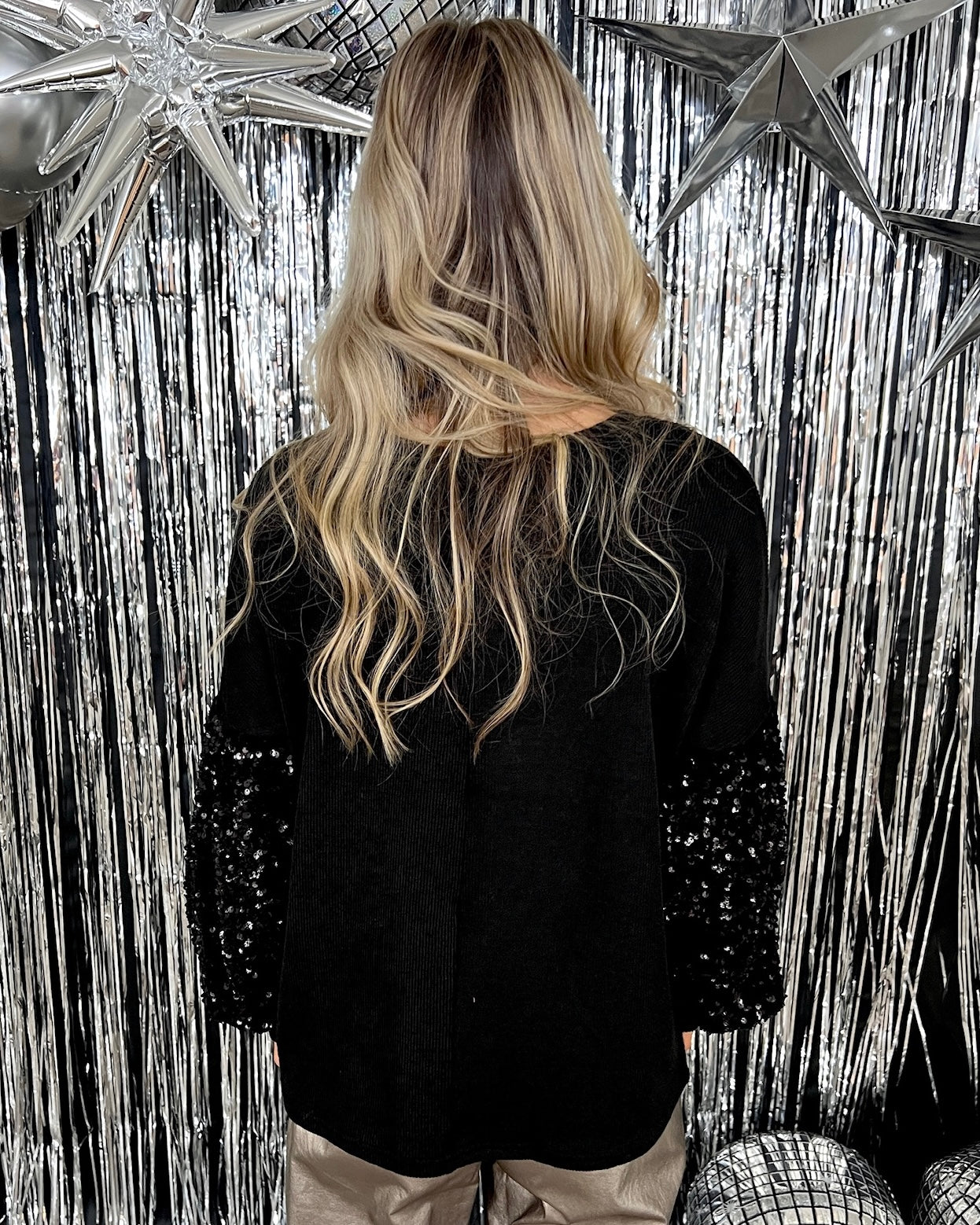 Looking Luxe Black Sequin Sleeve Knit Top-Shop-Womens-Boutique-Clothing