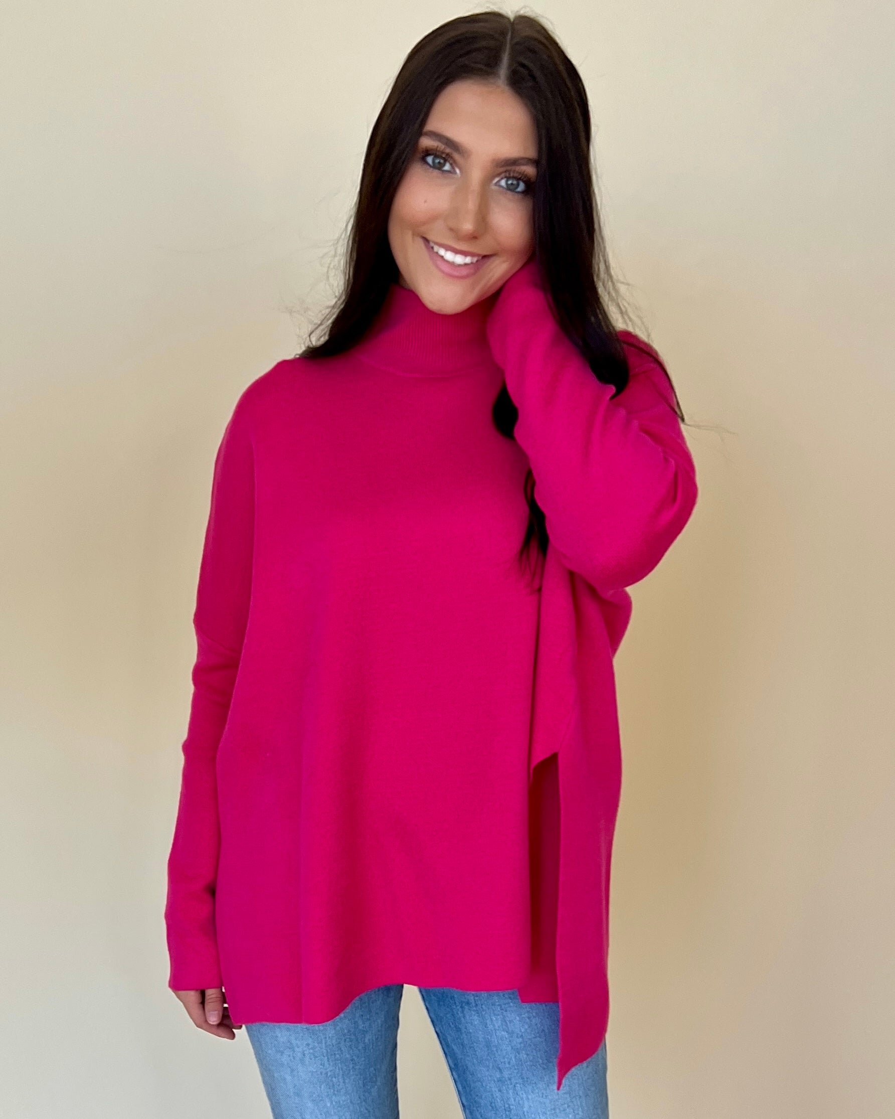 Pour Your Heart Out Hot Pink High Neck Dolman Sweater-Shop-Womens-Boutique-Clothing