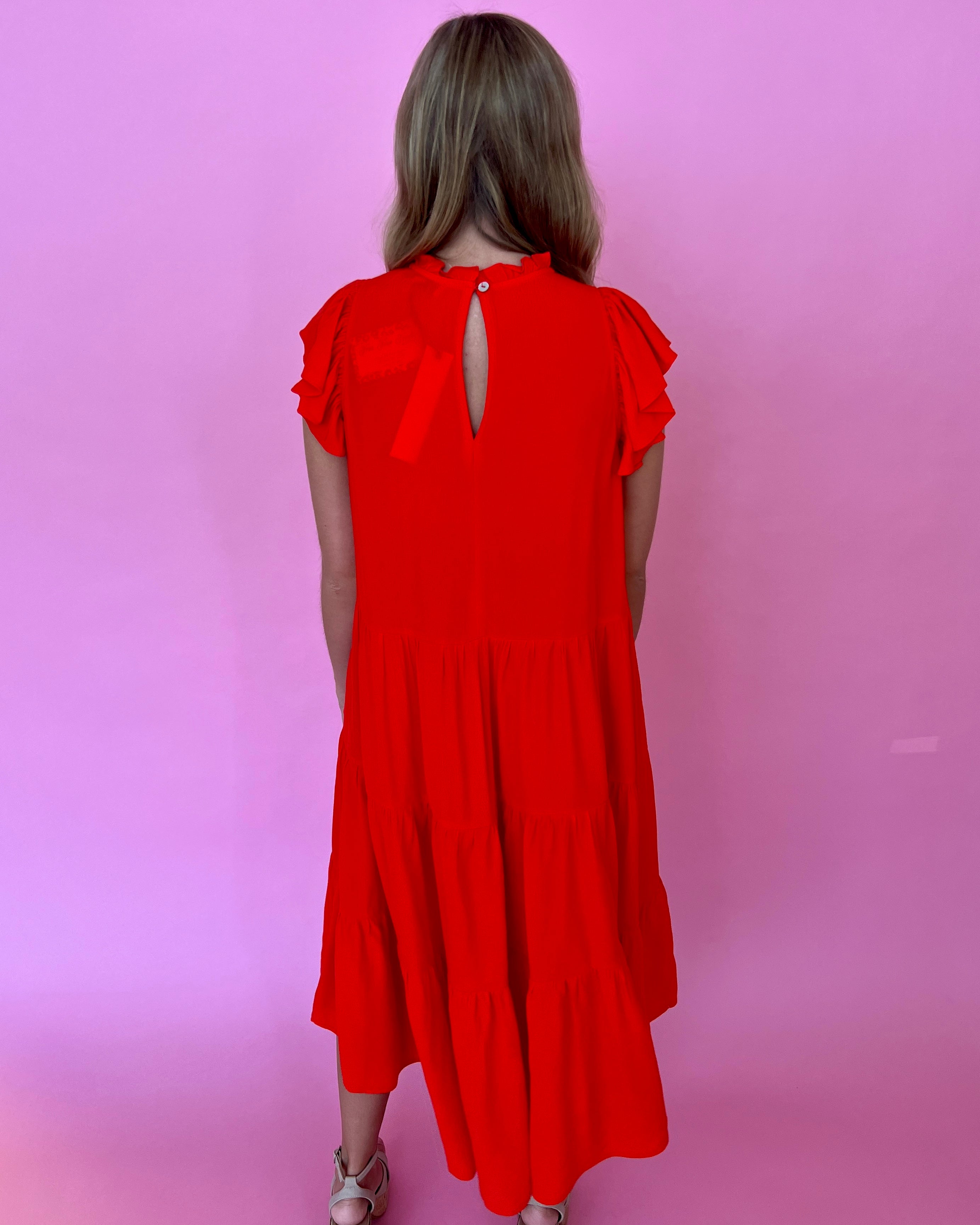 Electric Love Tomato Red High Neck Tiered Midi Dress-Shop-Womens-Boutique-Clothing