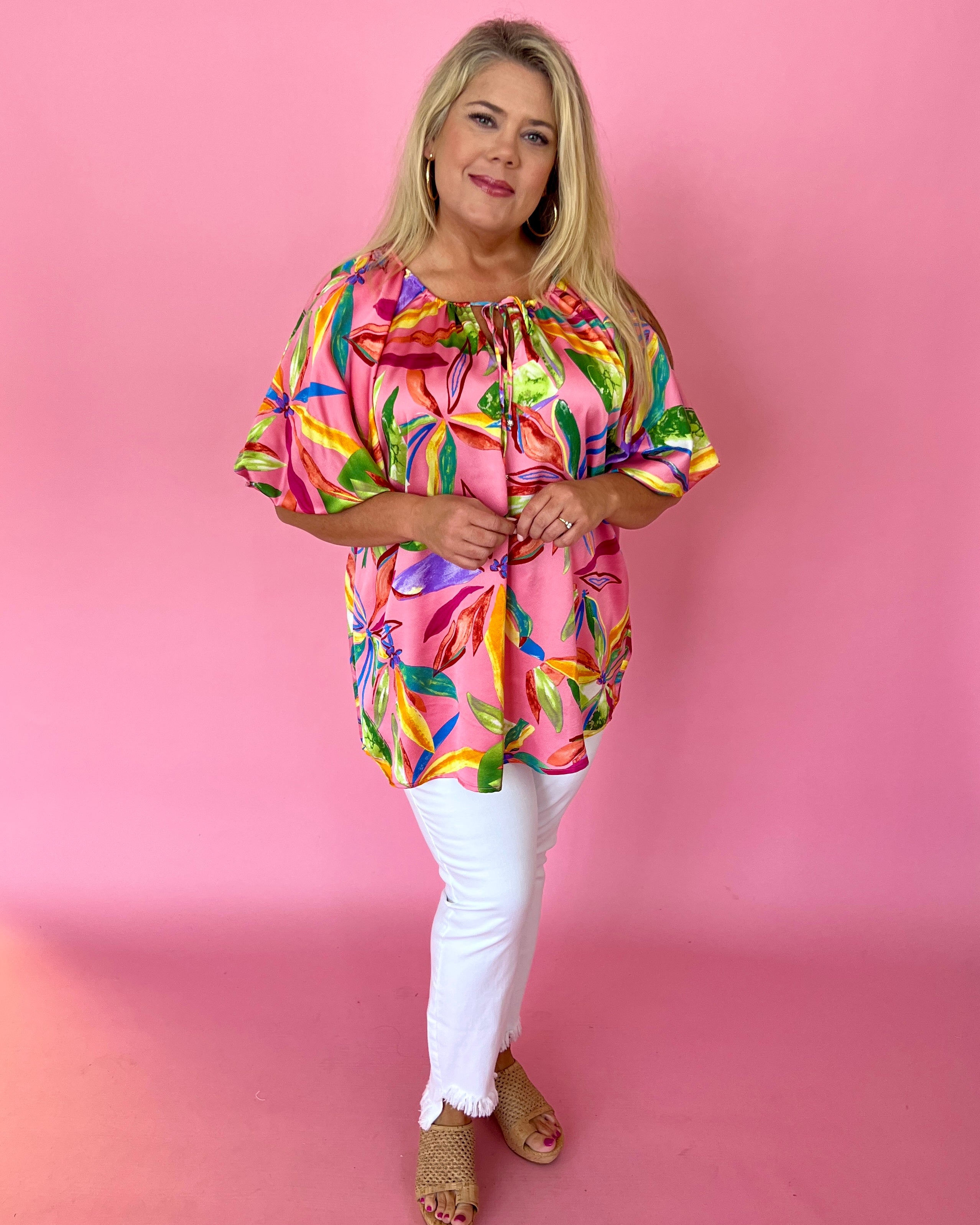 Sitting In The Garden Pink Plus Floral Puff Sleeve Top-Shop-Womens-Boutique-Clothing